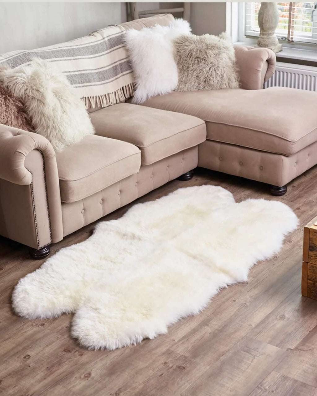 White Quad Long Sheepskin Rug front room