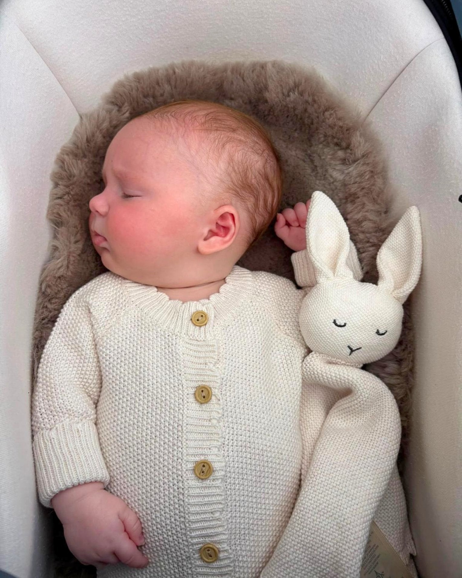 Newborn baby in a stroller with brown sheepskin liner