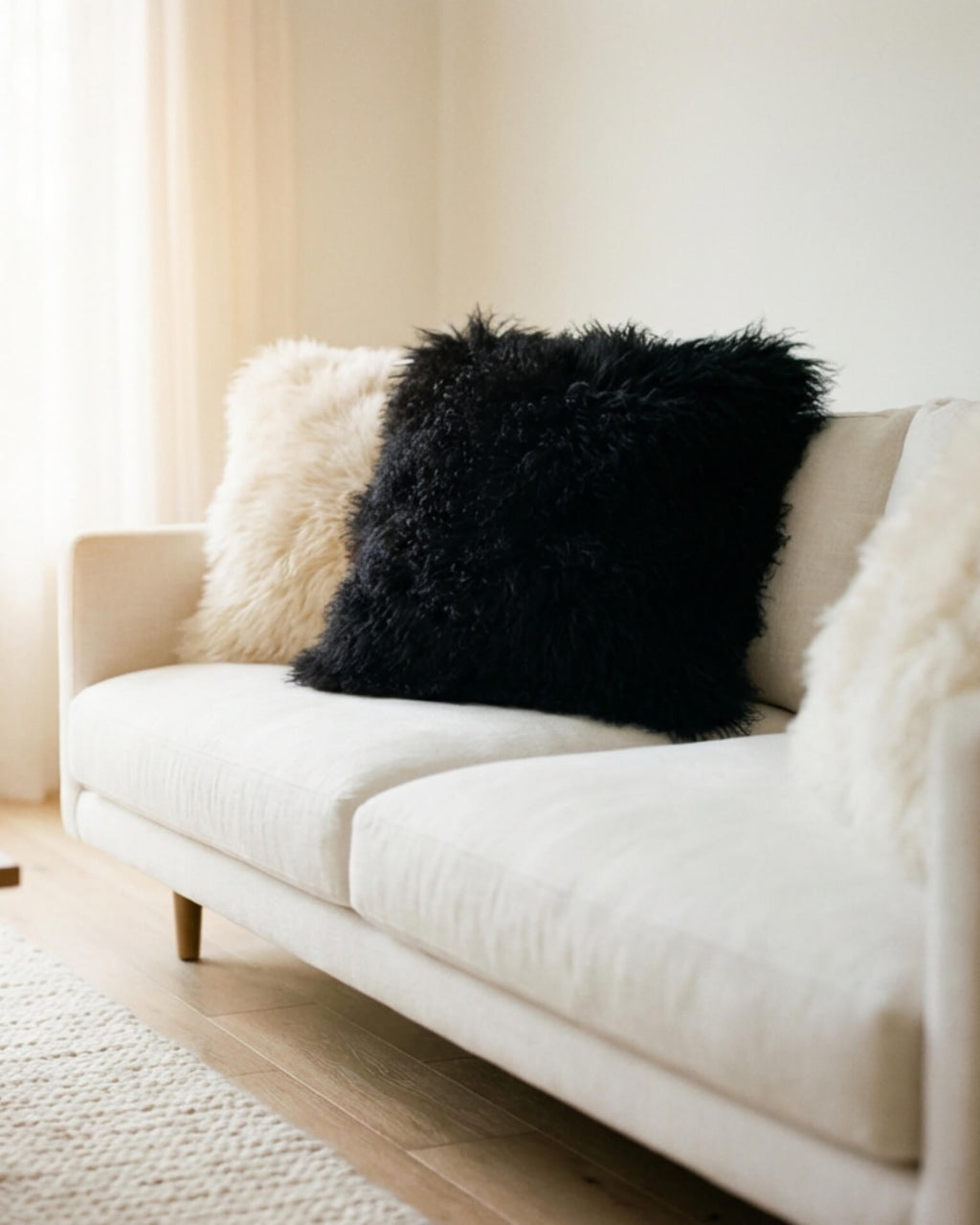 Black and white mongolian sheepskin pillows on white sofa