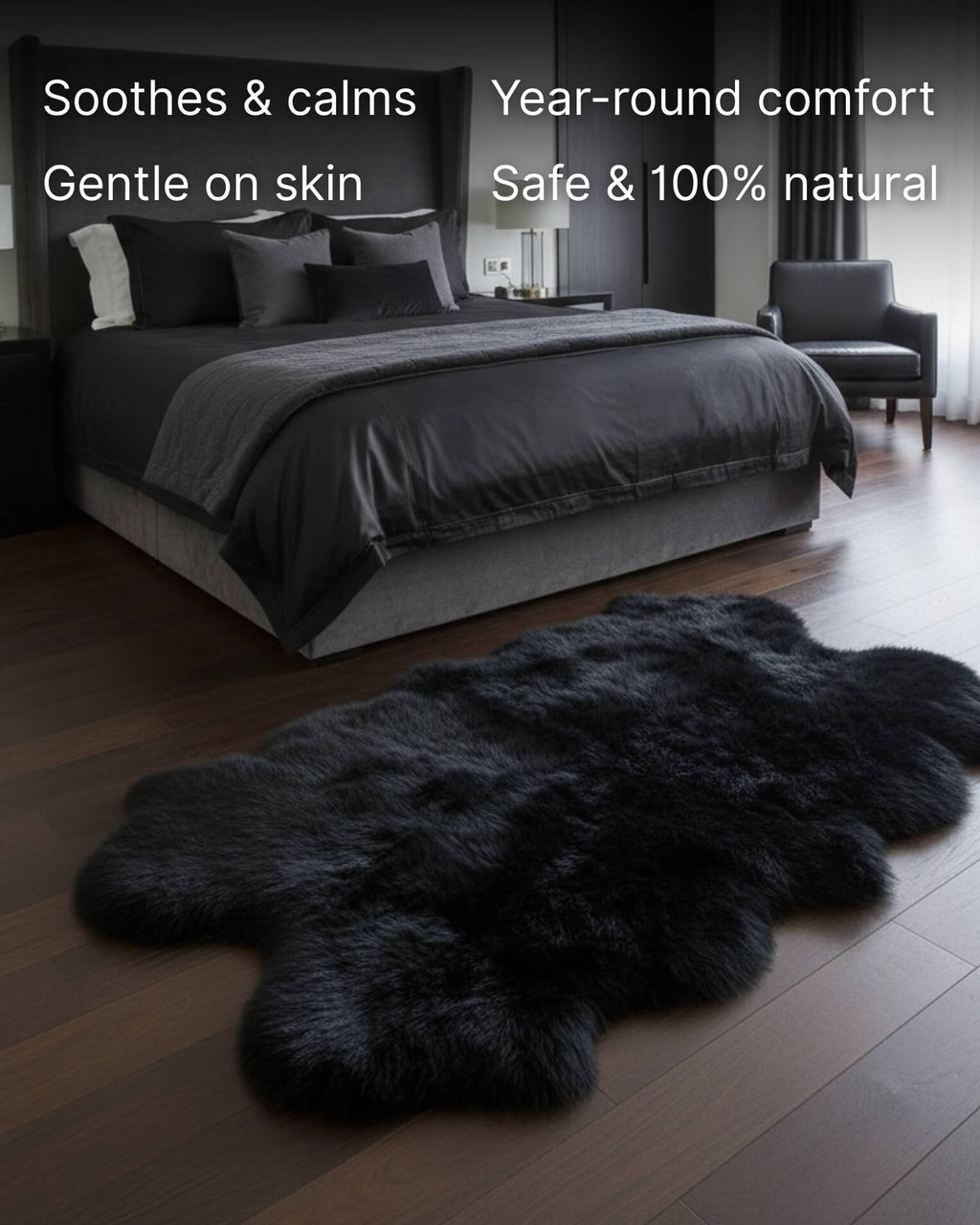 Black Quad Long Sheepskin Rug in bedroom