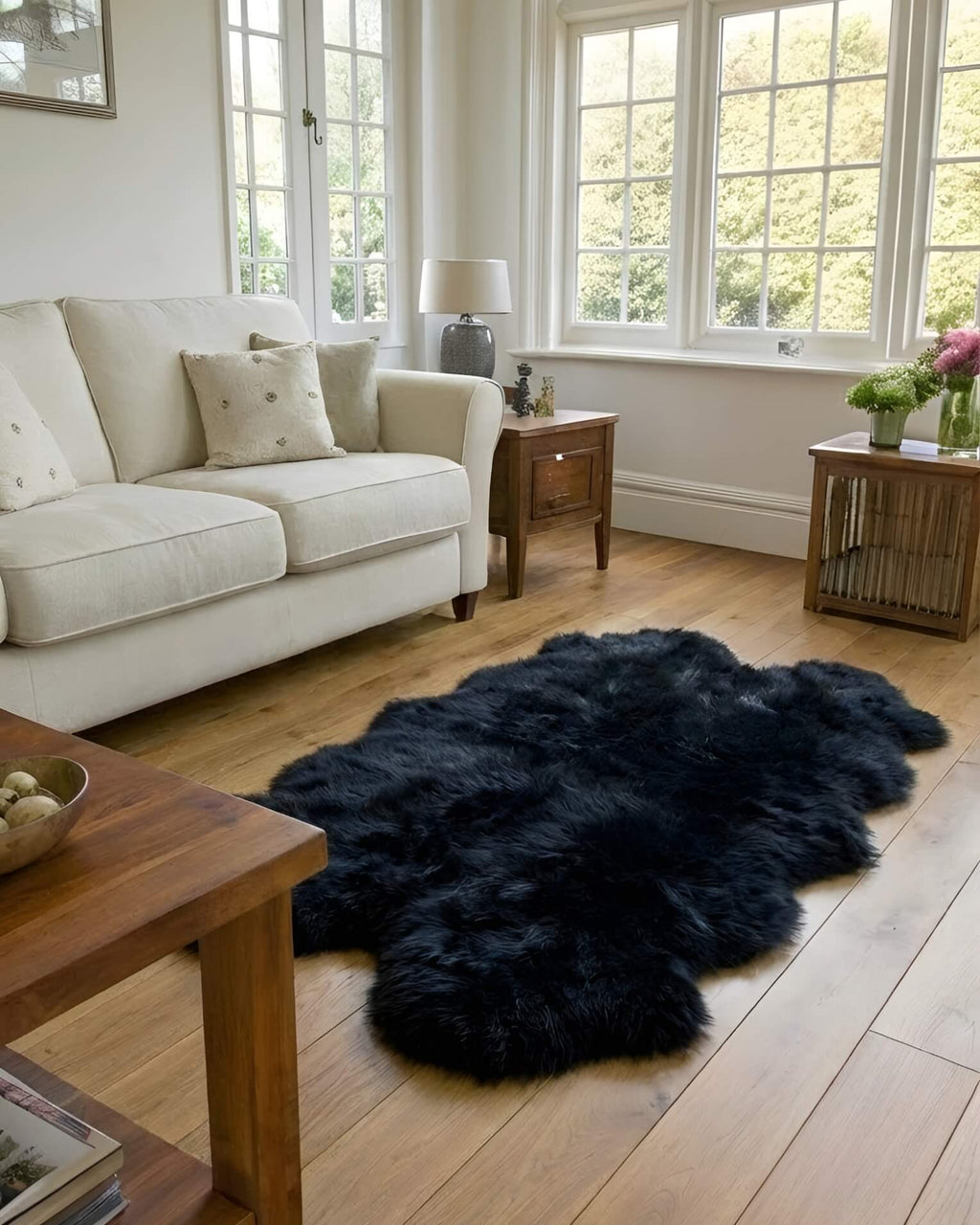 Black Quad Long Sheepskin Rug in living room