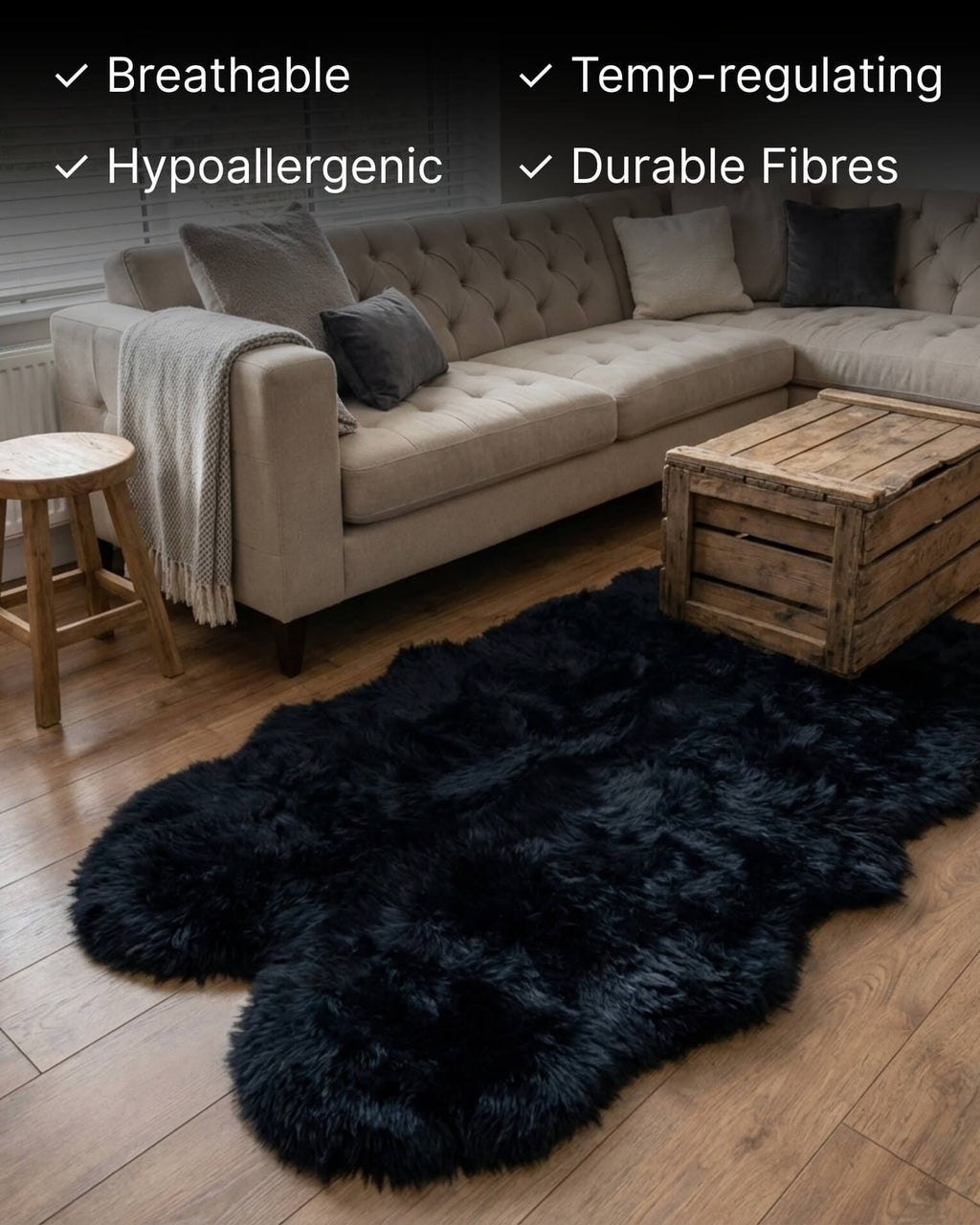 Black Quad Long Sheepskin Rug in wooden living room