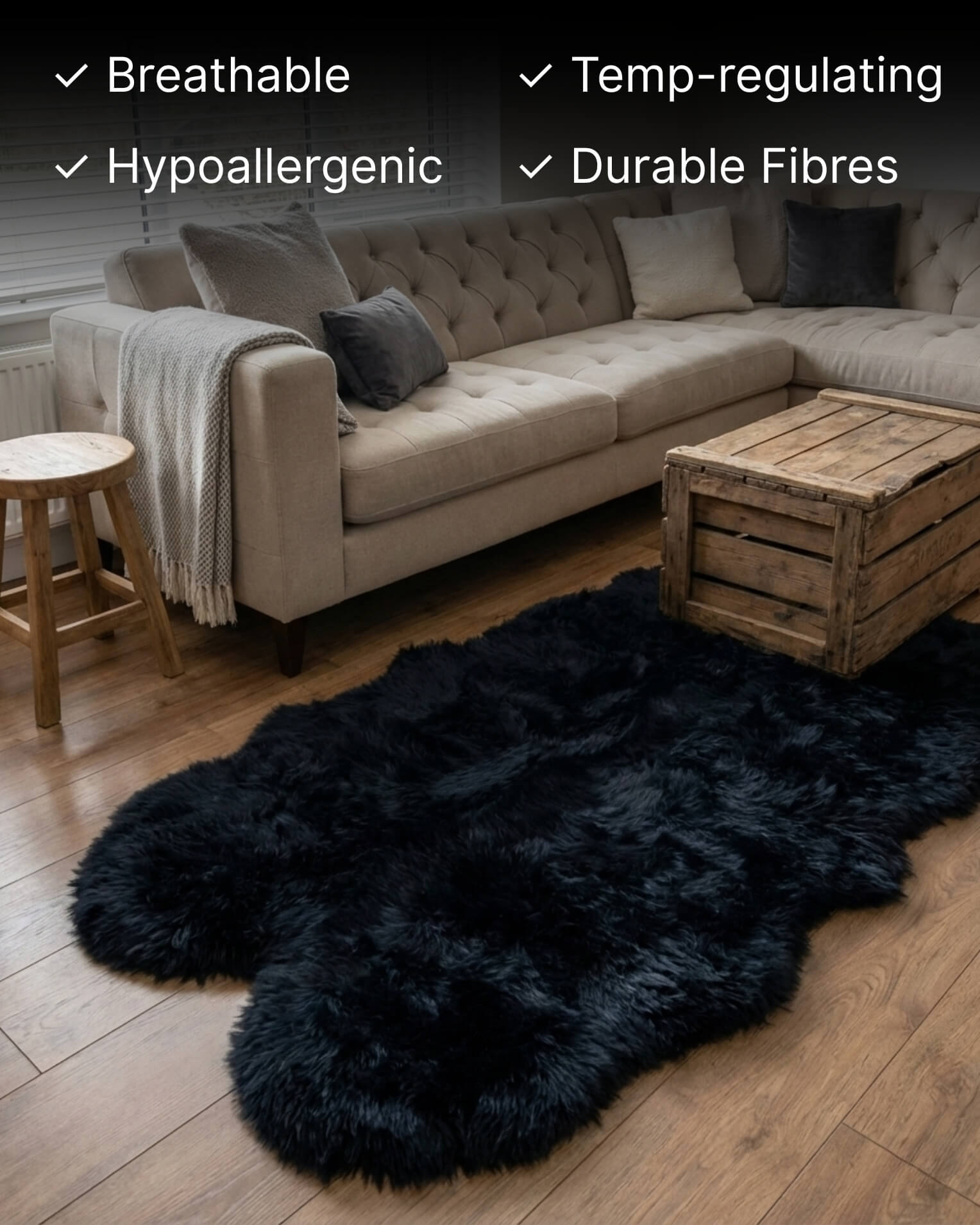 Black Quad Long Sheepskin Rug in wooden living room