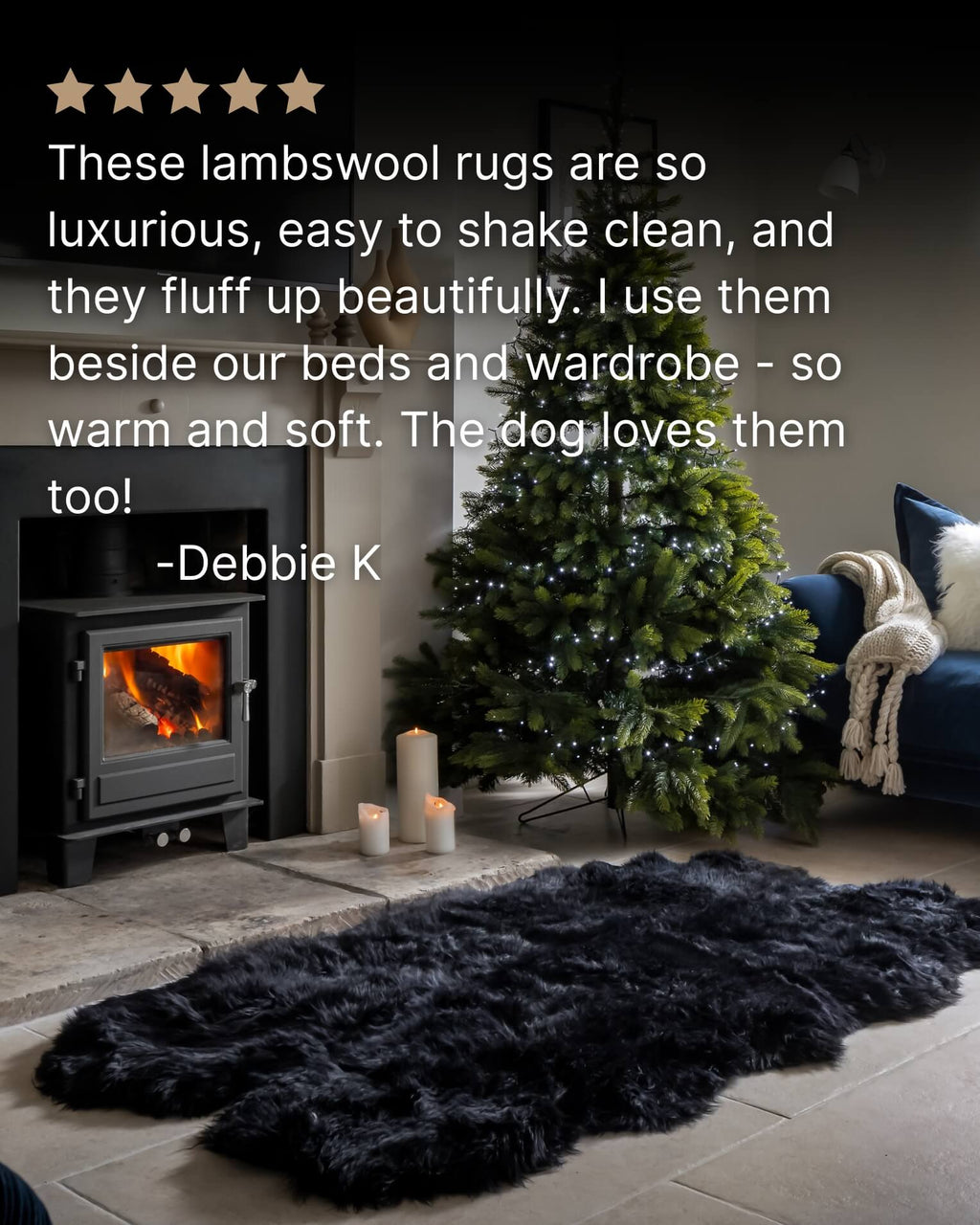 Black Quad Long Sheepskin Rug in front off fireplace