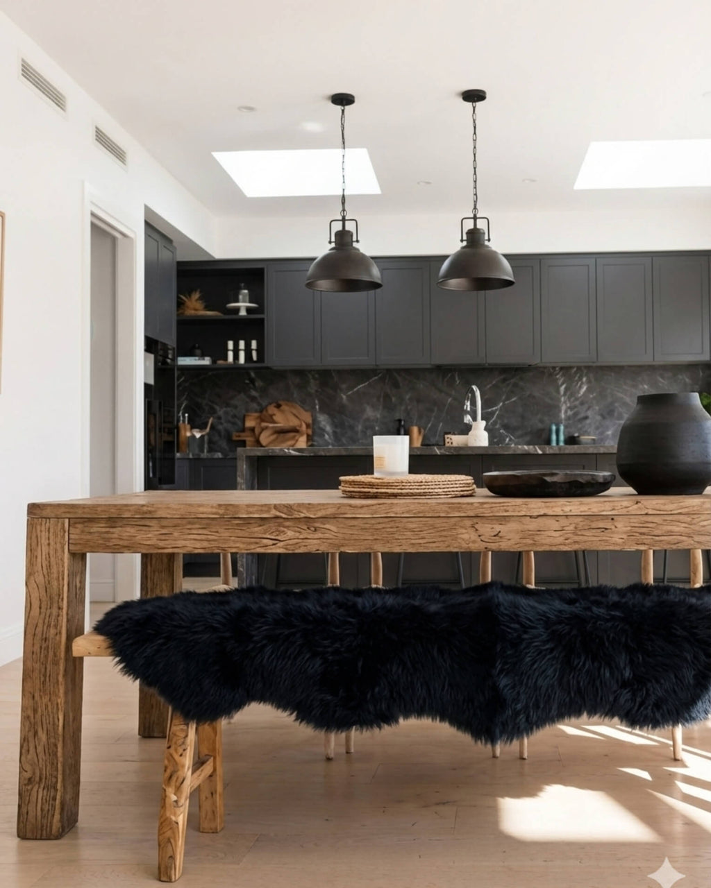 Black Quad Long Sheepskin Rug on bench