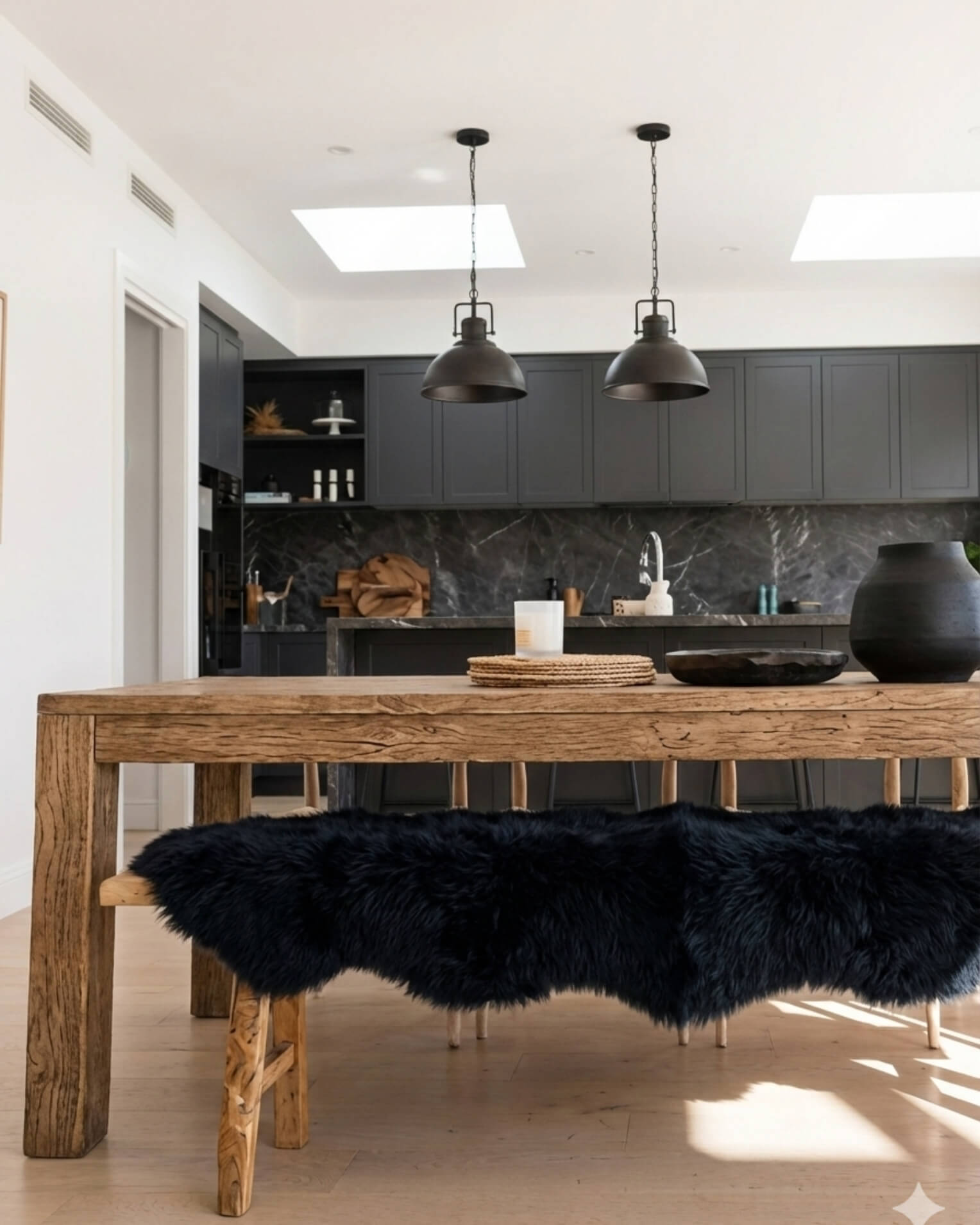 Black Quad Long Sheepskin Rug on bench