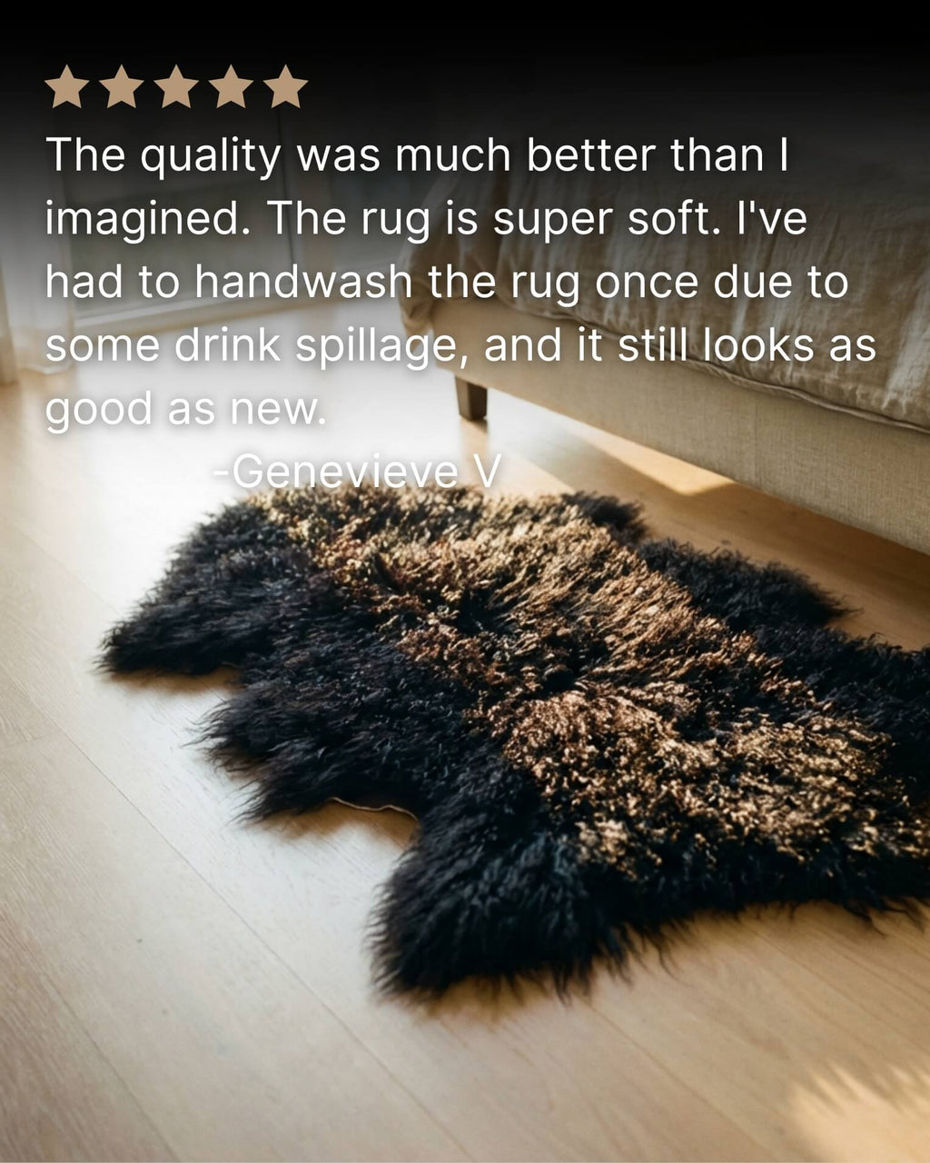 Black Mongolian Sheepskin Rug next to bed