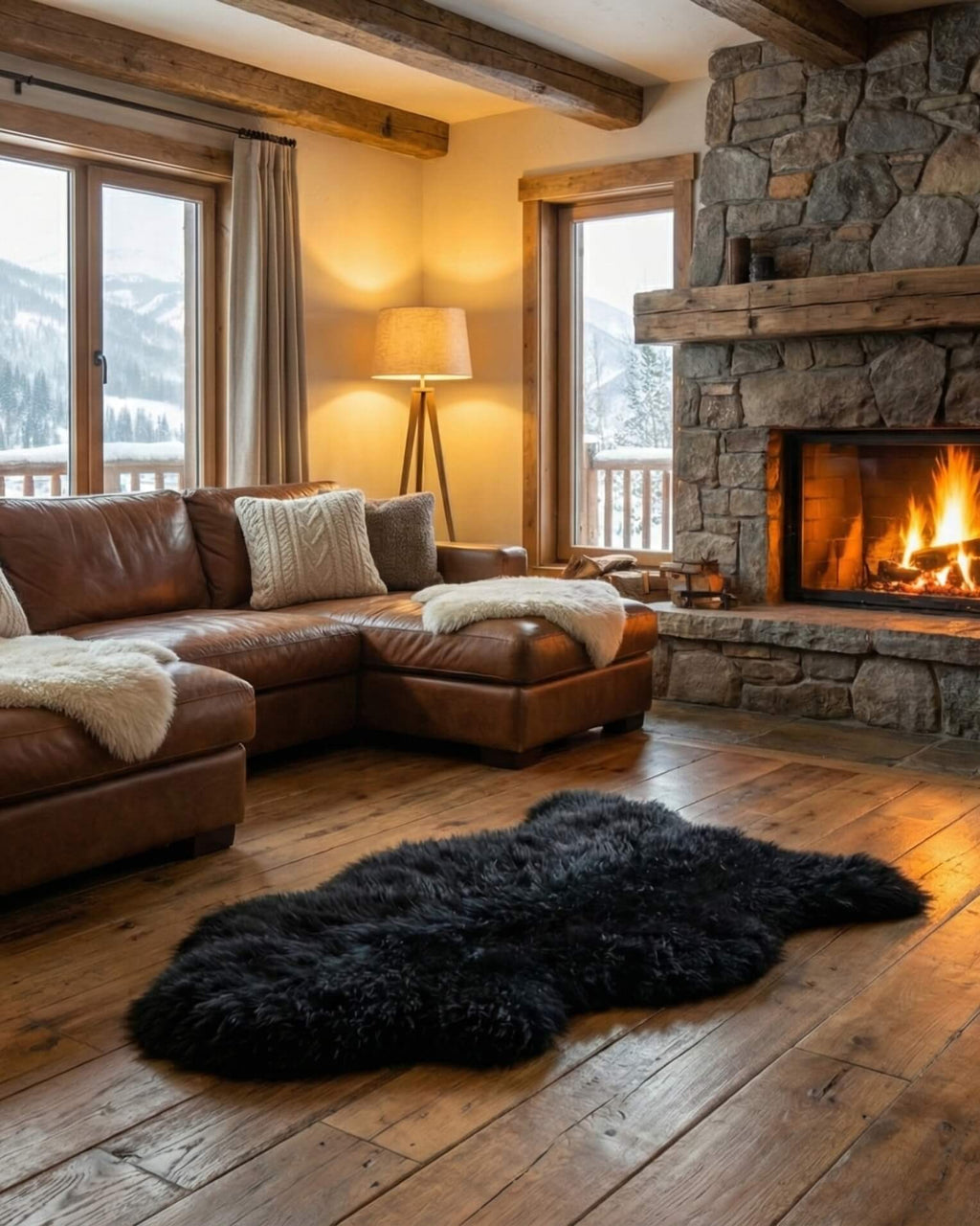 Black Mongolian Sheepskin Rug in living room with firepace