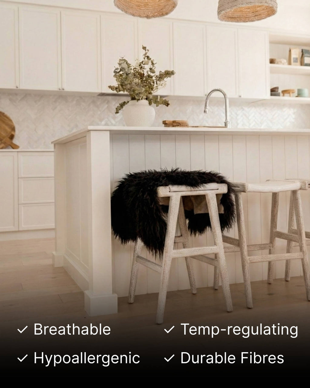 Black Mongolian Sheepskin Rug draped on chair