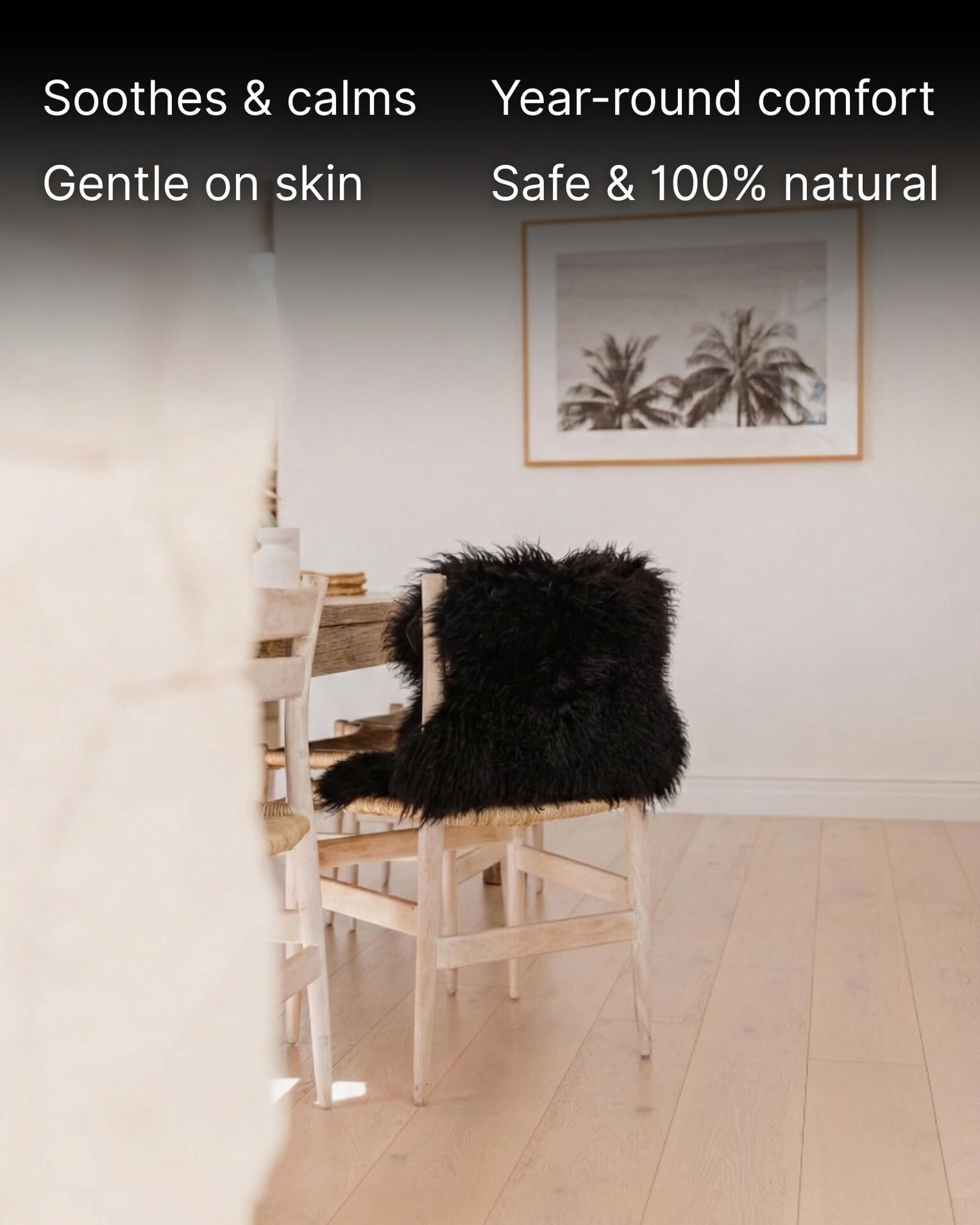 Black Mongolian Sheepskin Rug draped on back of chair