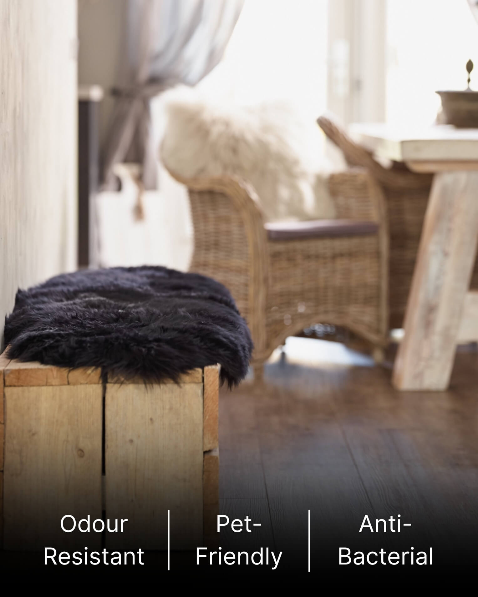 Black Double Long Wool Sheepskin Rug on bench