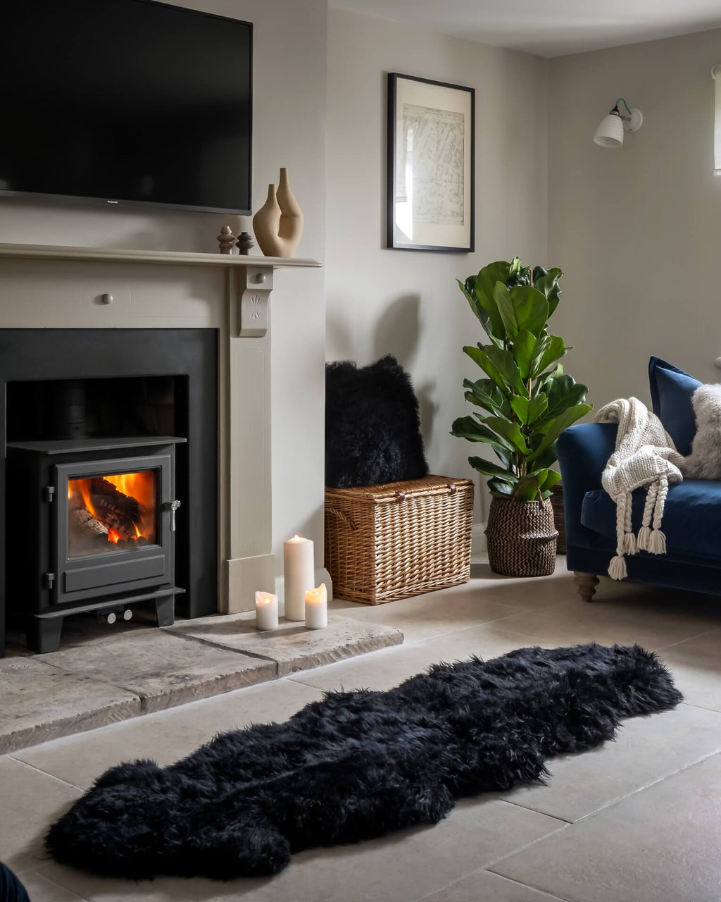 Black Double Long Wool Sheepskin Rug in living room