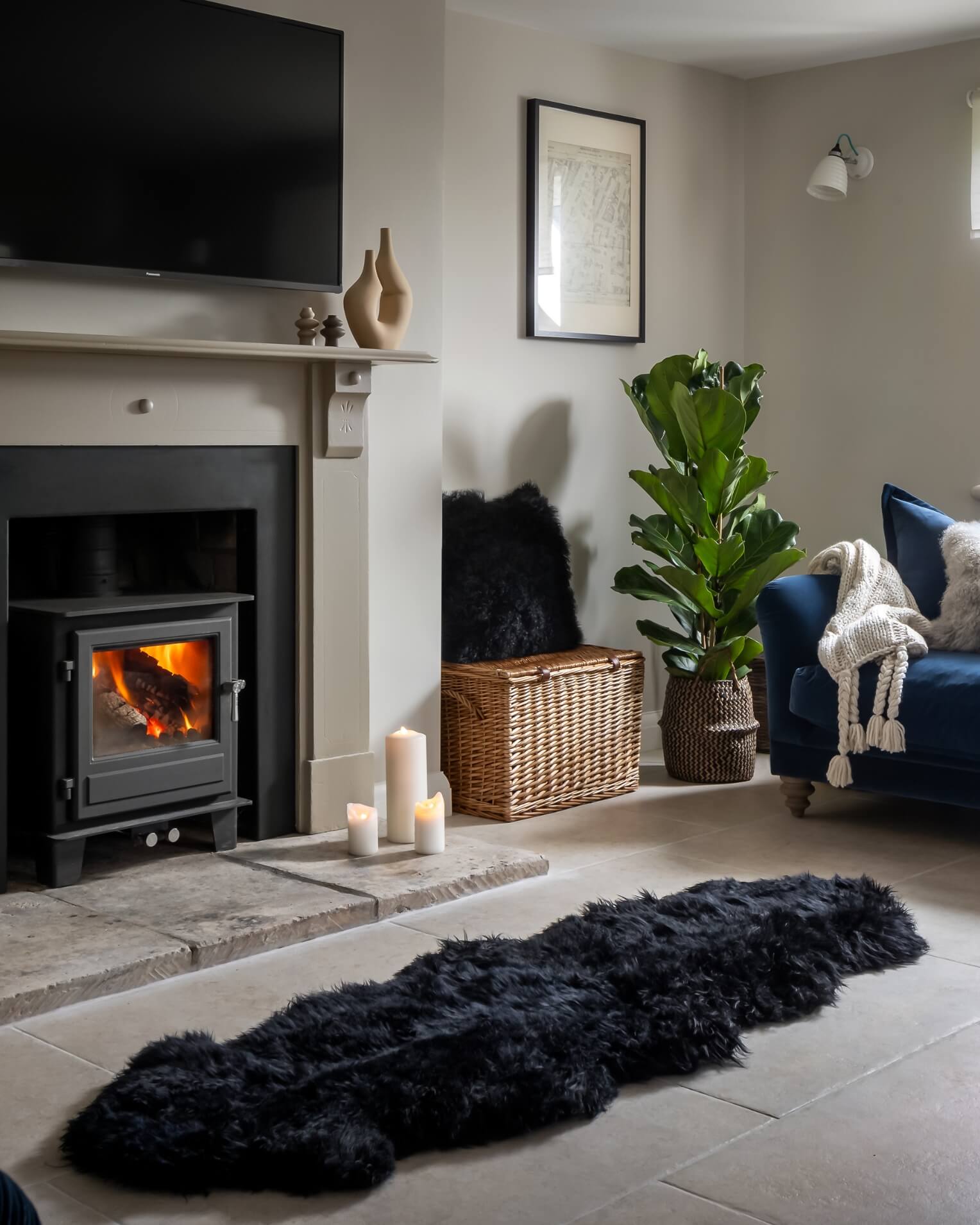 Black Double Long Wool Sheepskin Rug in living room