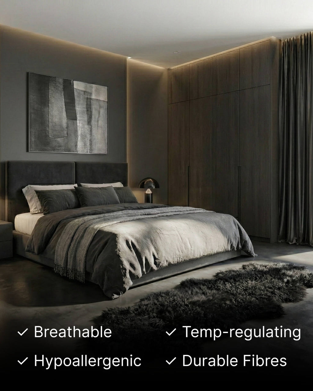 Black Mongolian Sheepskin Rug in bedroom