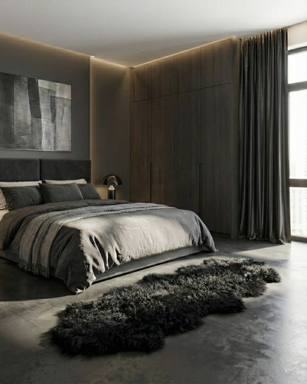 Black Mongolian Sheepskin Rug in grey bedroom