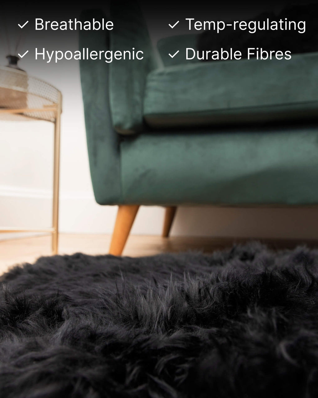 Black Single Sheepskin rug close up in room