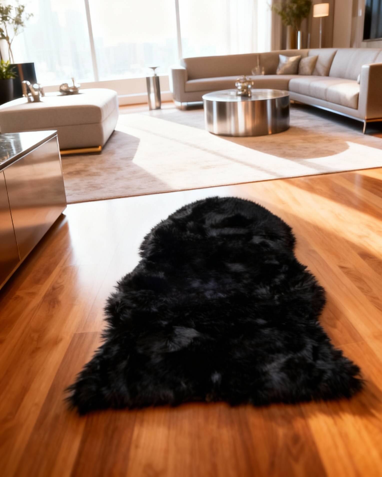 Black Single Sheepskin rug on bright wooden floor