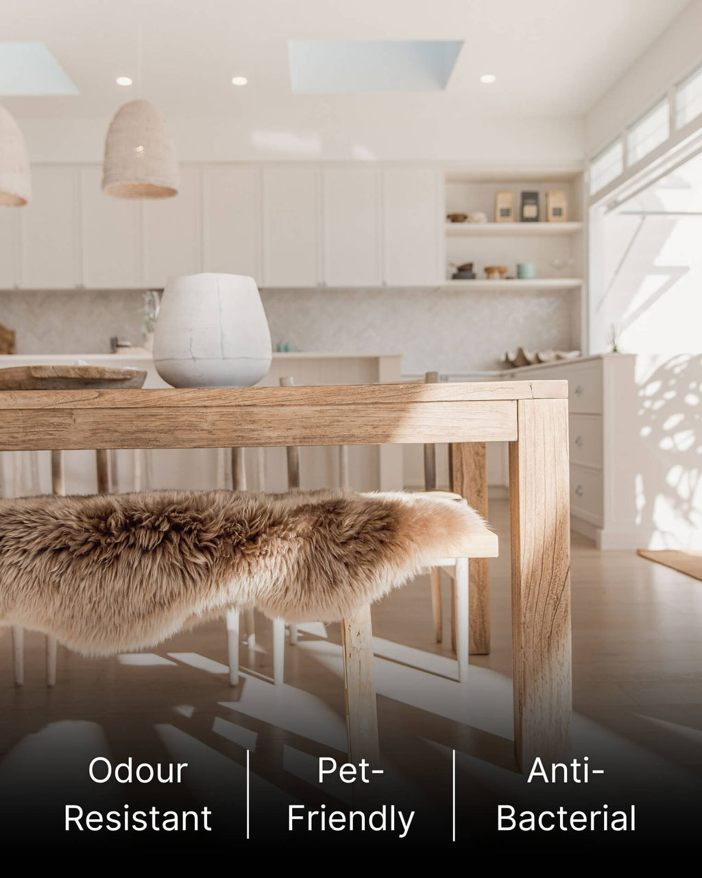 Bronze Double Long Wool Sheepskin Rug on bench in kitchen