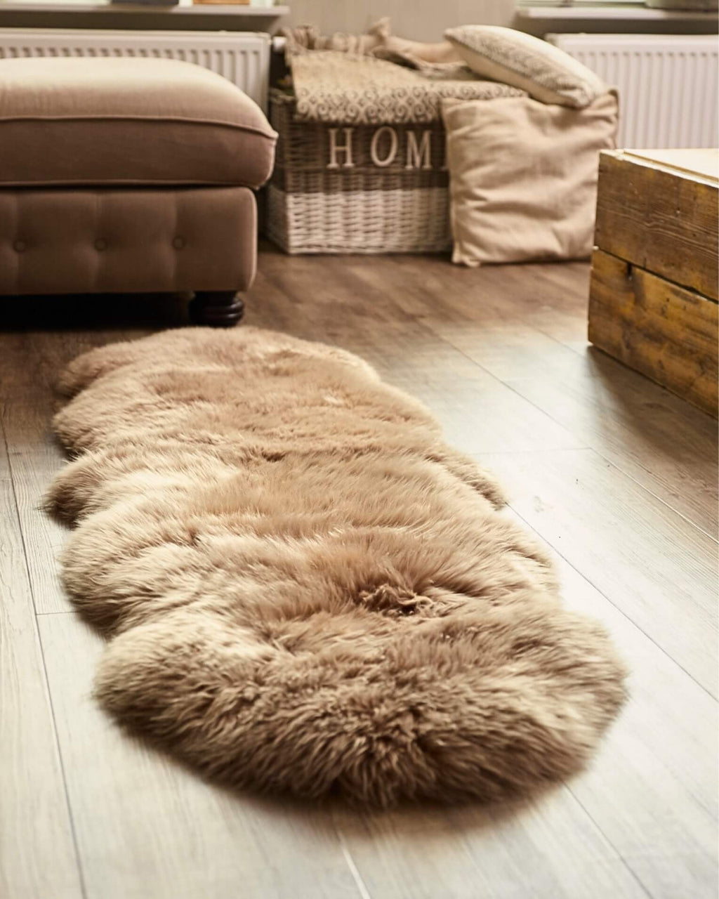 Bronze Double Long Wool Sheepskin Rug in front room