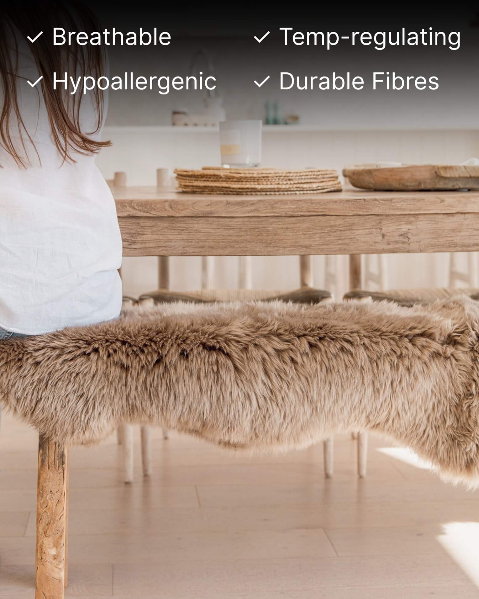 Bronze Double Long Wool Sheepskin Rug on bench