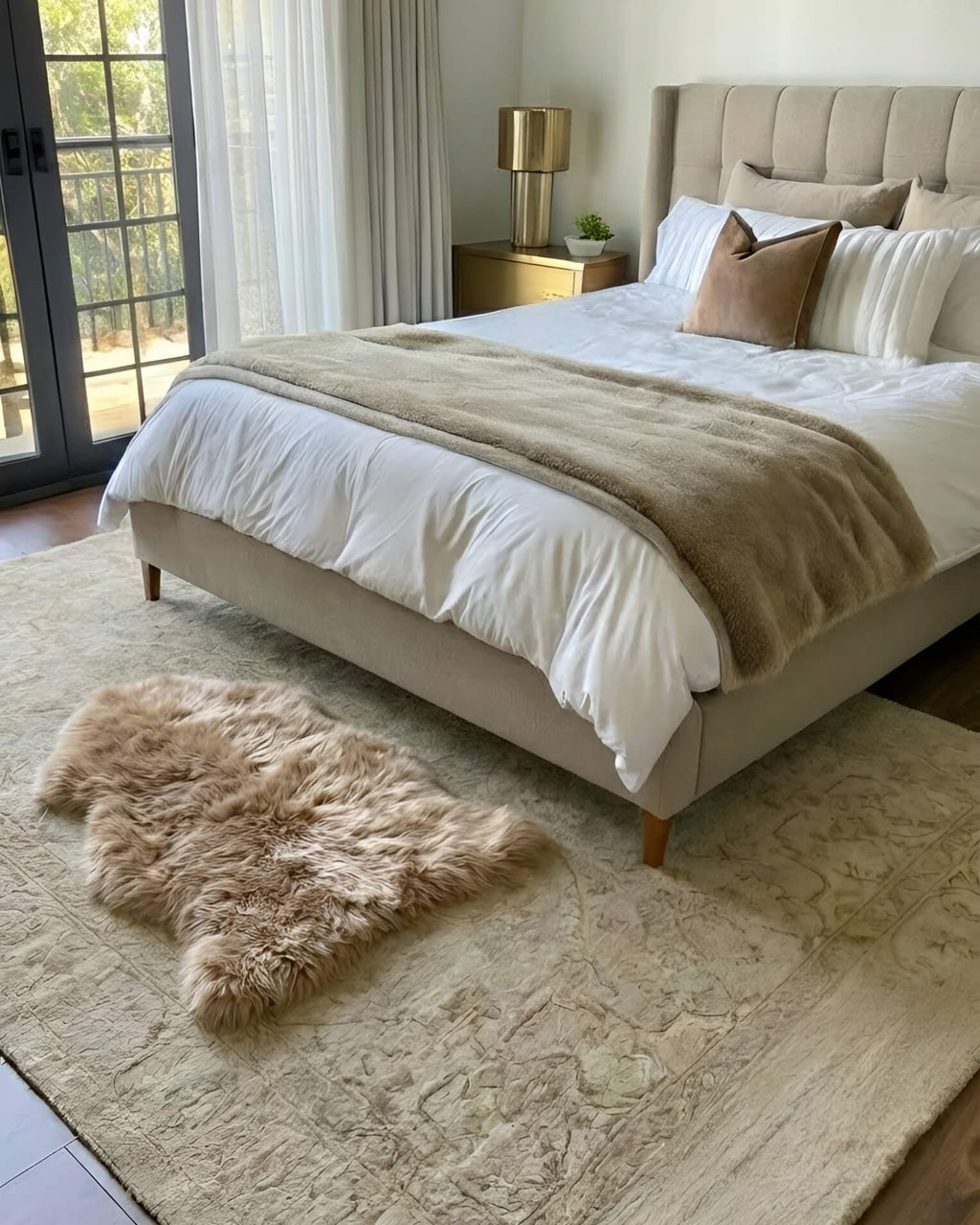 Mocha Single Sheepskin rug in bedroom