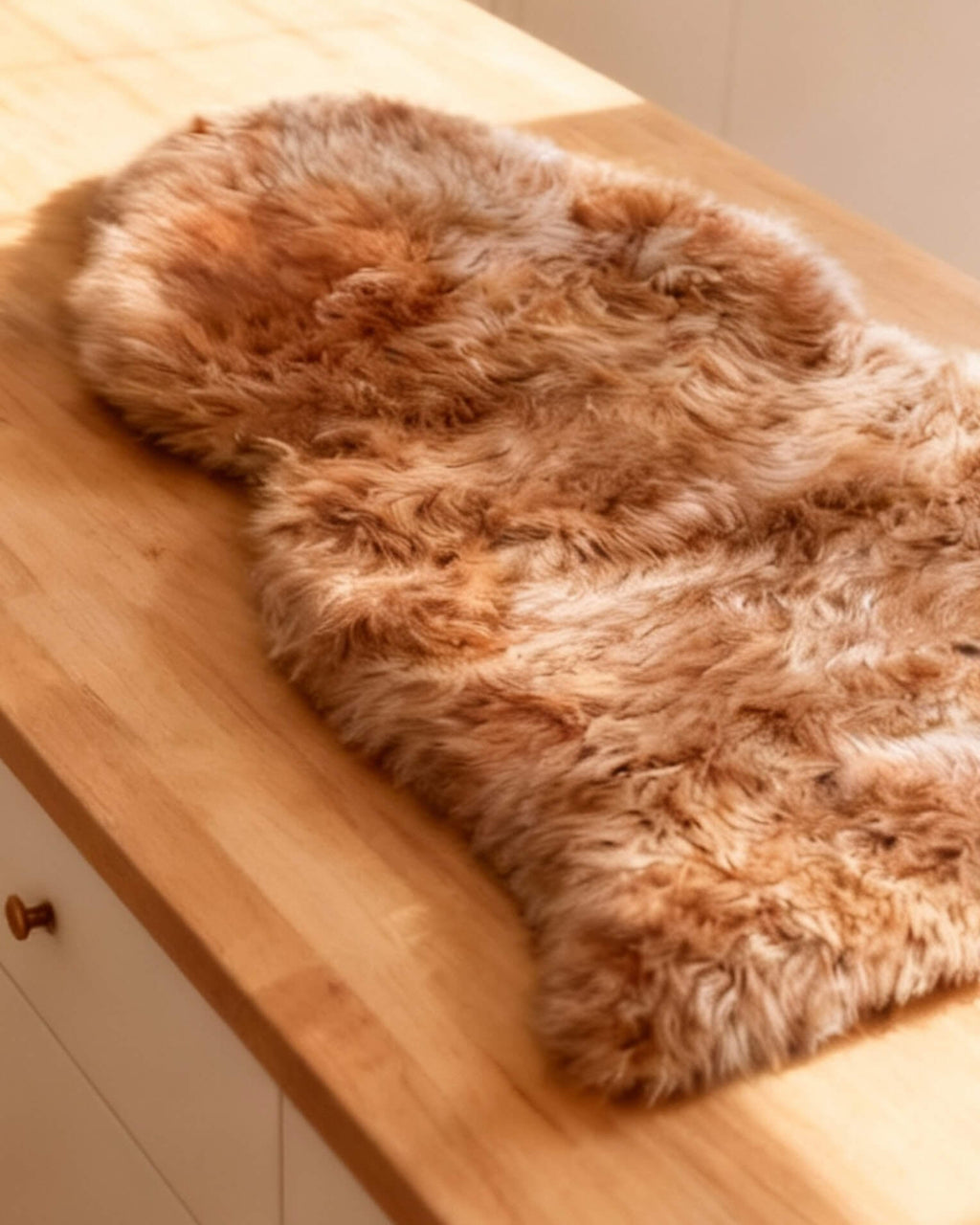 Mocha Single Sheepskin rug on bench