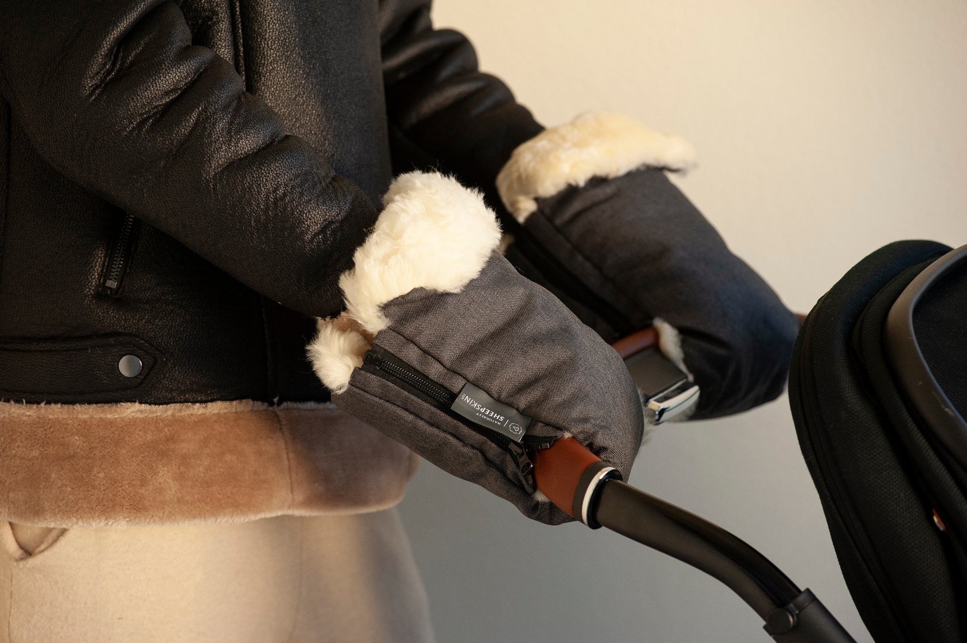 Grey Sheepskin stroller hand mittens