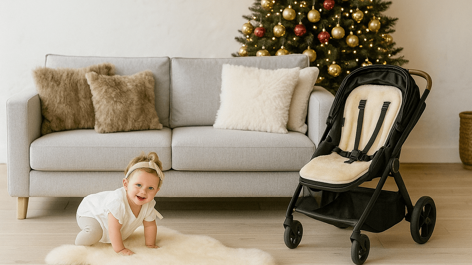 Baby crawling on a rug in front of a gray sofa with decorative pillows, next to a black stroller, and a decorated Christmas tree in the background.