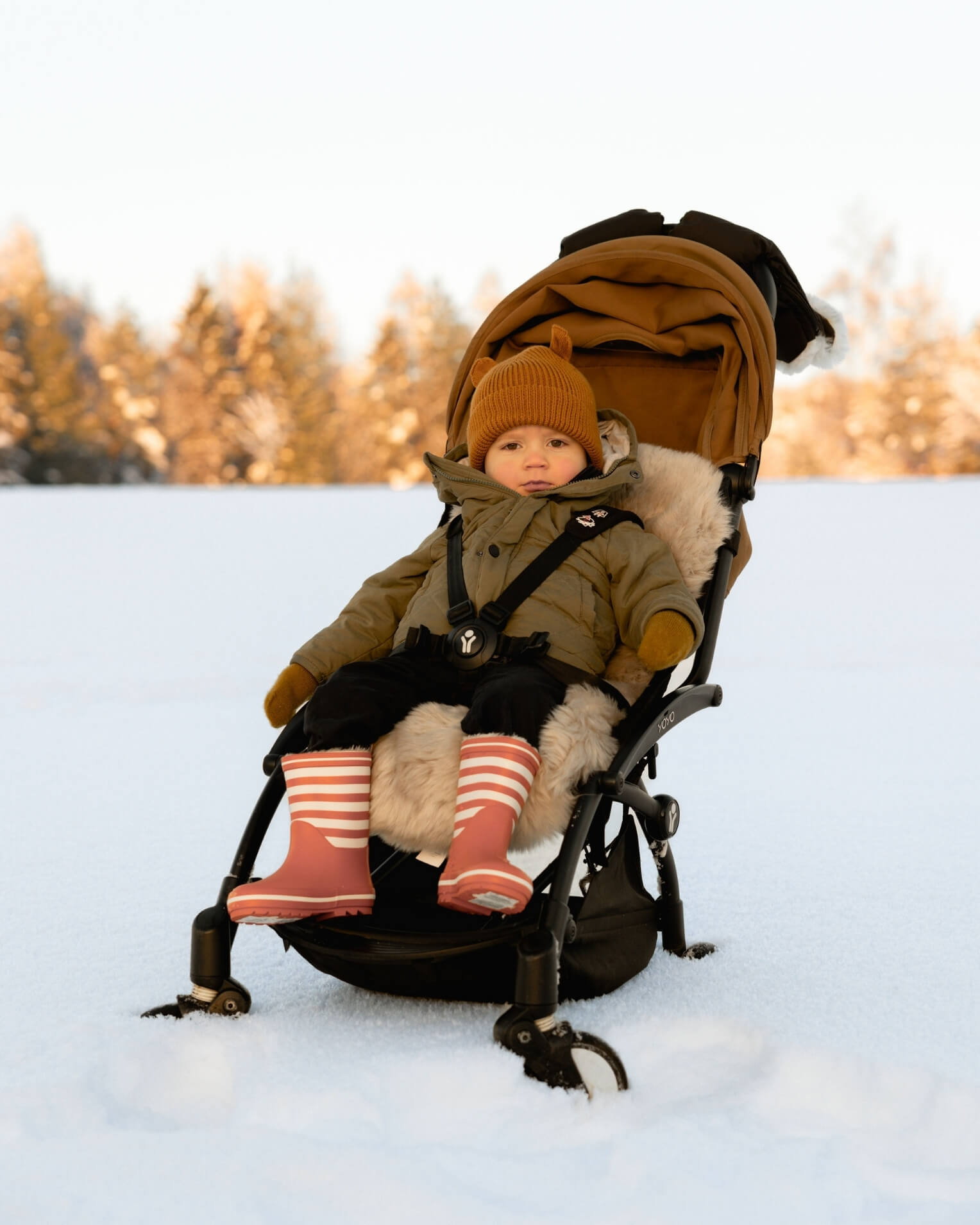 Child in stroller with skeepskin liner