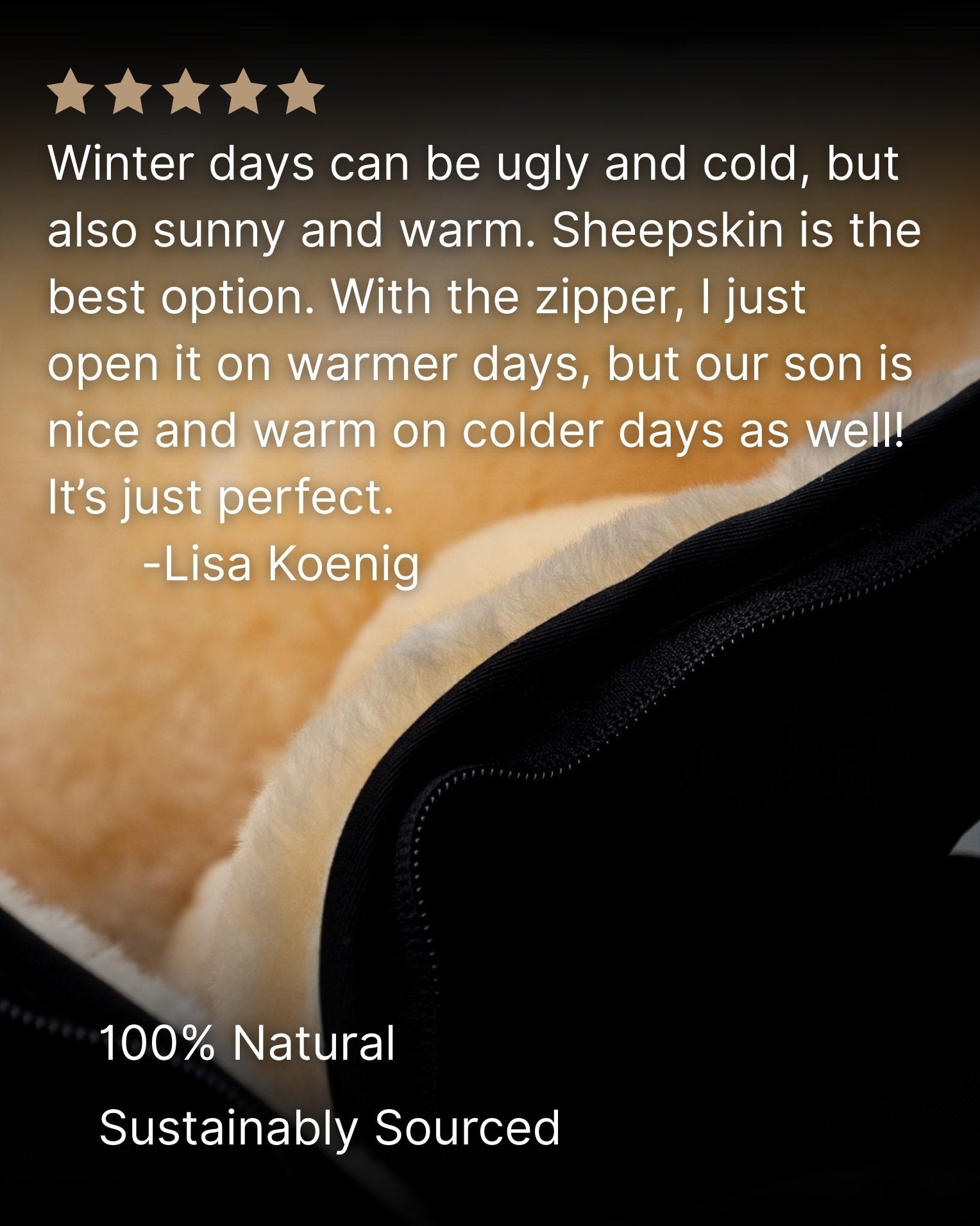 Sheepskin blanket with a review and sustainability information on a dark background