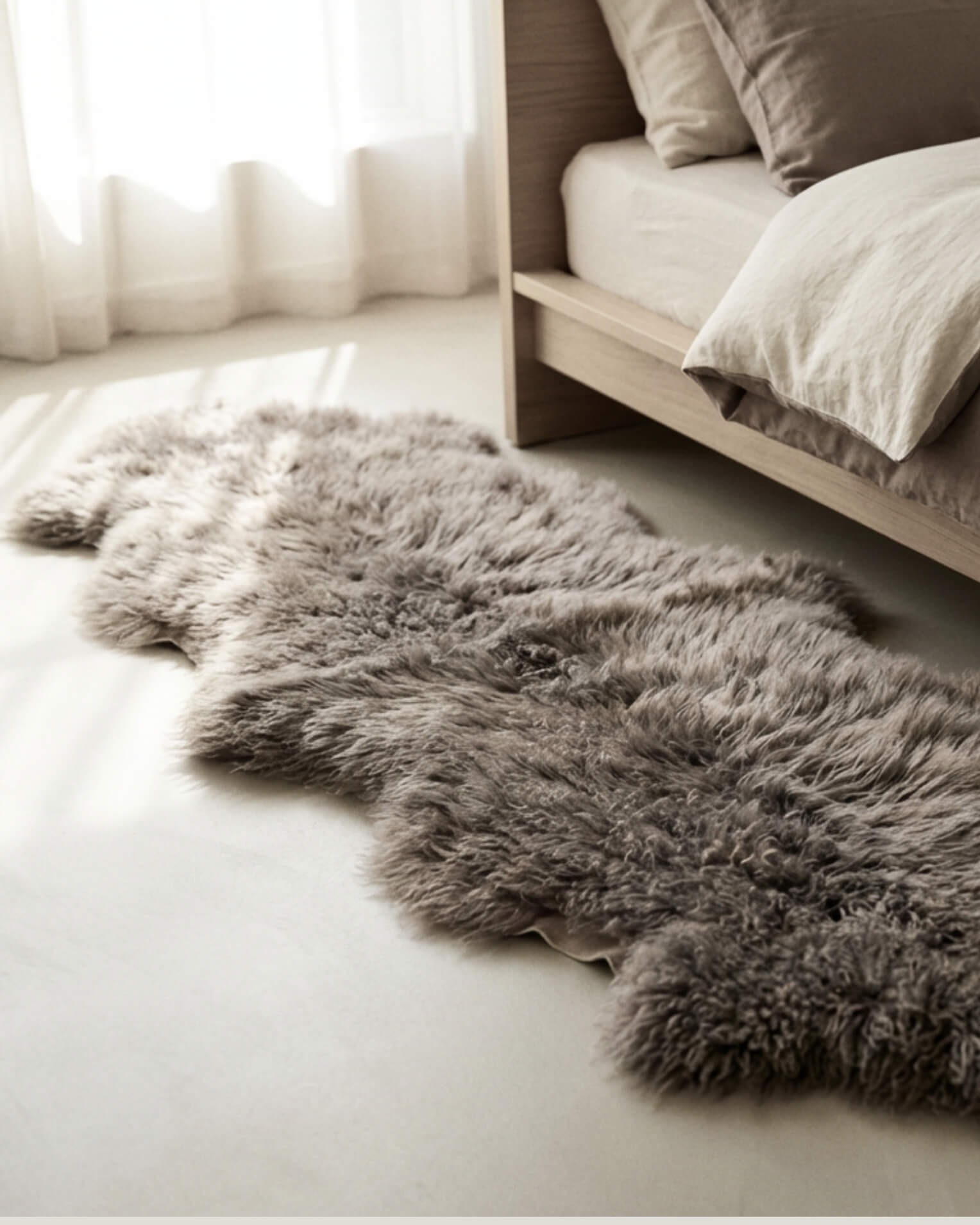 Grey Mongolian Sheepskin Rug next to bed