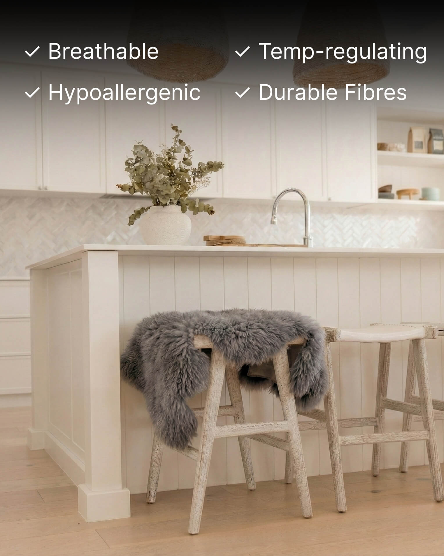 Grey Mongolian Sheepskin Rug on bench