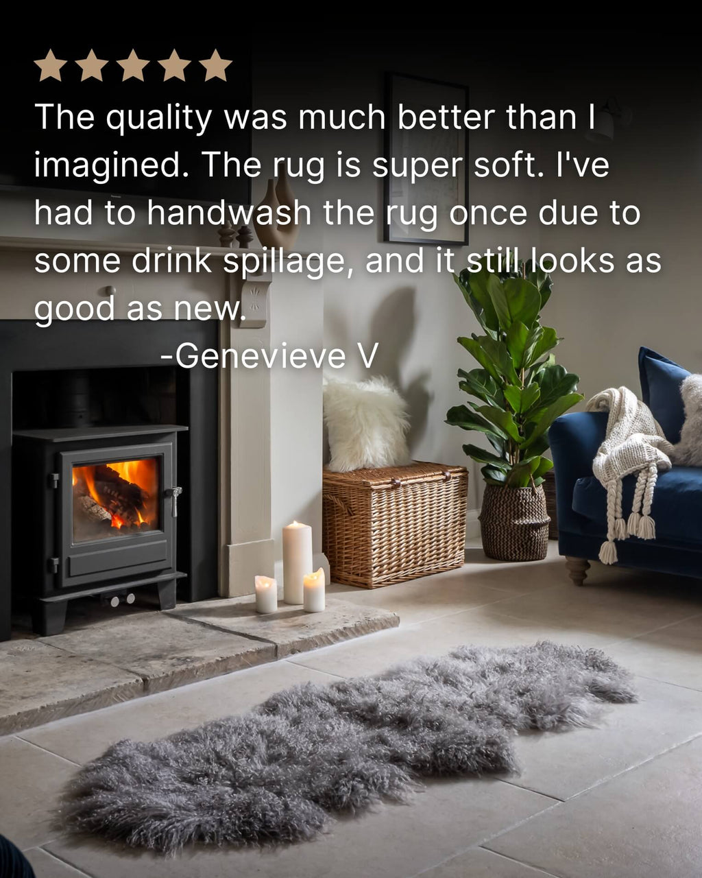 Grey Mongolian Sheepskin Rug in front of fireplace