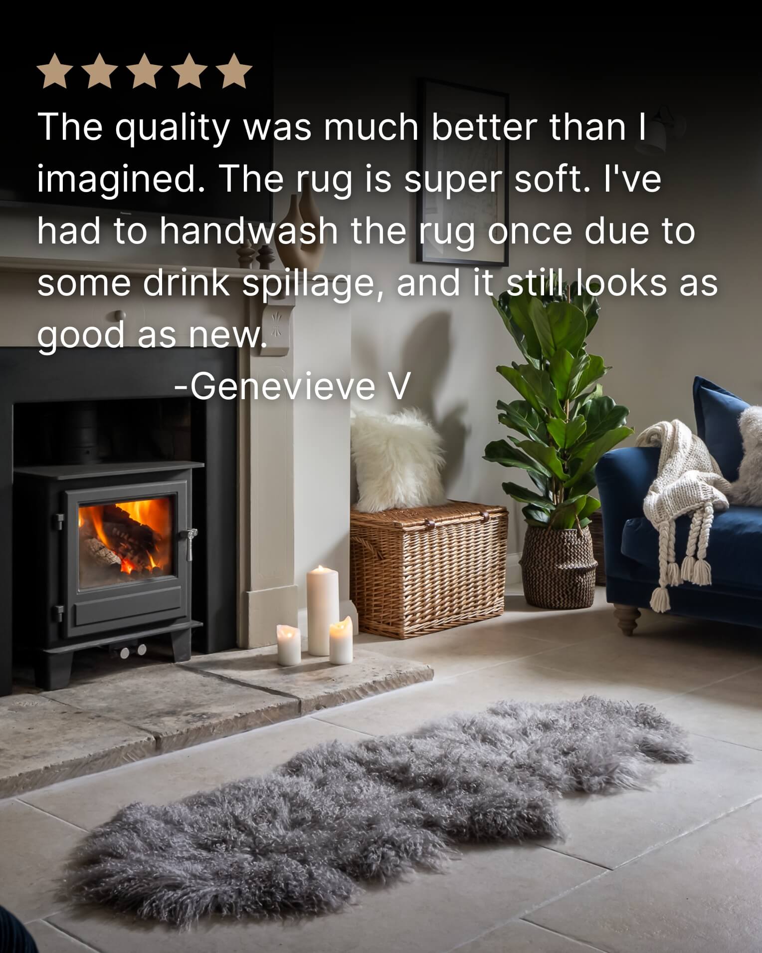 Grey Mongolian Sheepskin Rug in front of fireplace