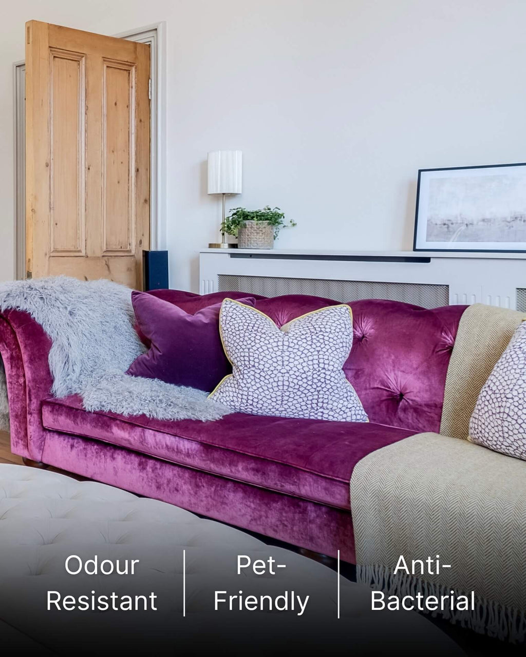 Grey Mongolian Sheepskin Rug on purple sofa