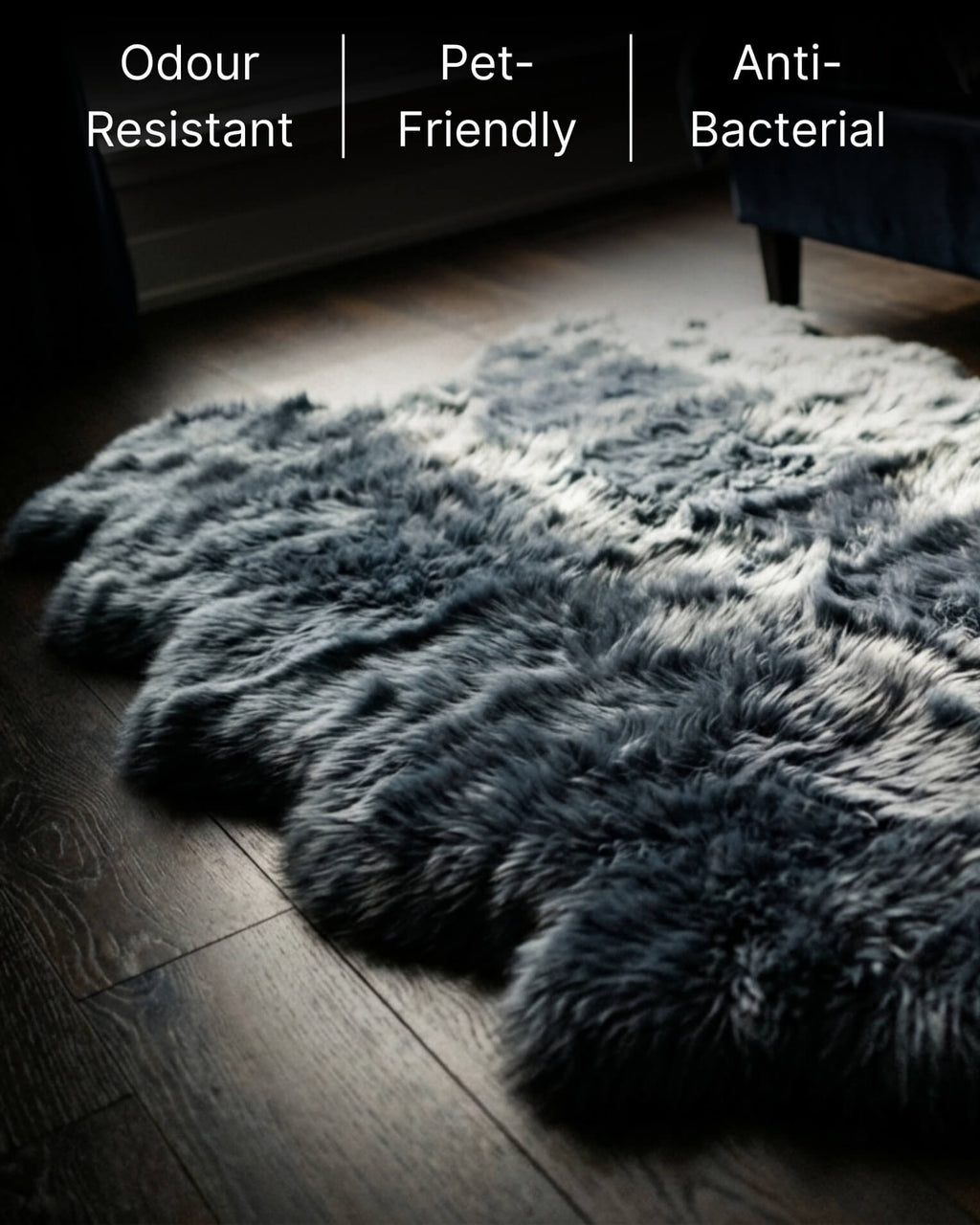Steel Grey Quad Long Sheepskin Rug close up