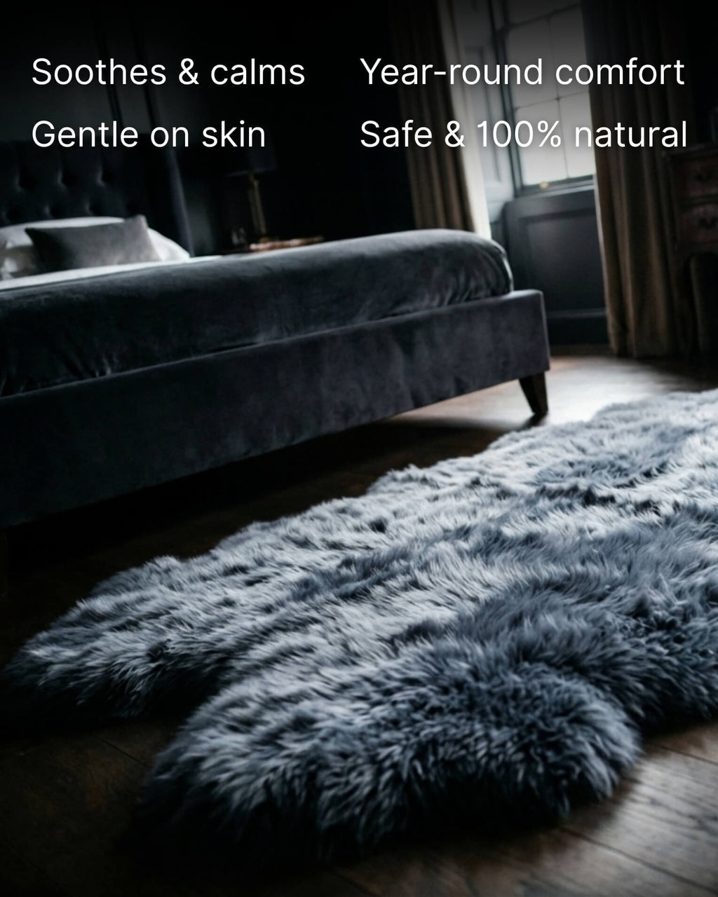 Steel Grey Quad Long Sheepskin Rug close up bedroom
