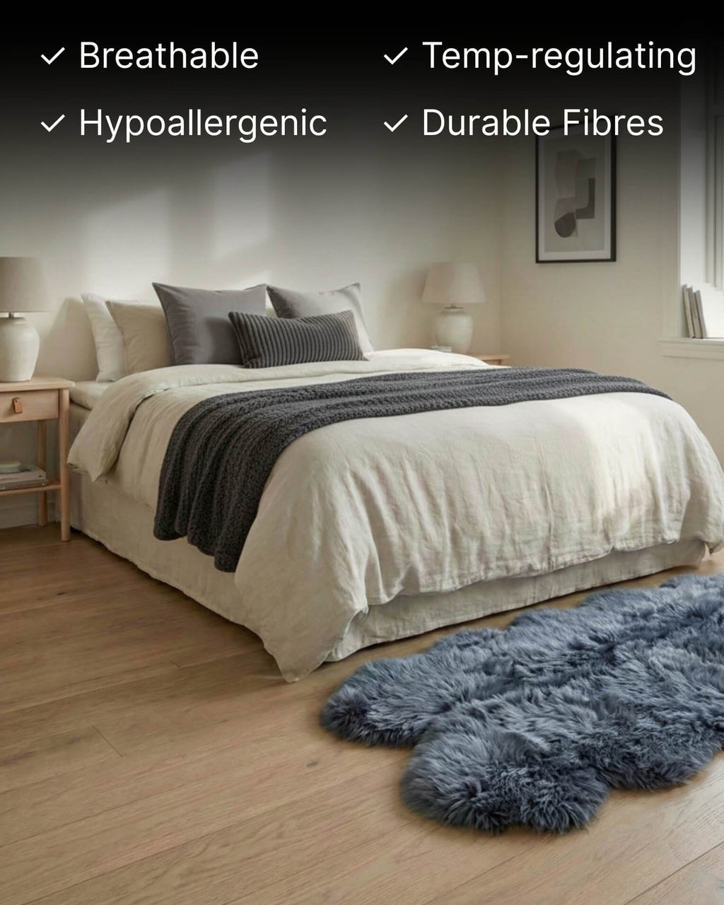 Steel Grey Quad Long Sheepskin Rug in bedroom