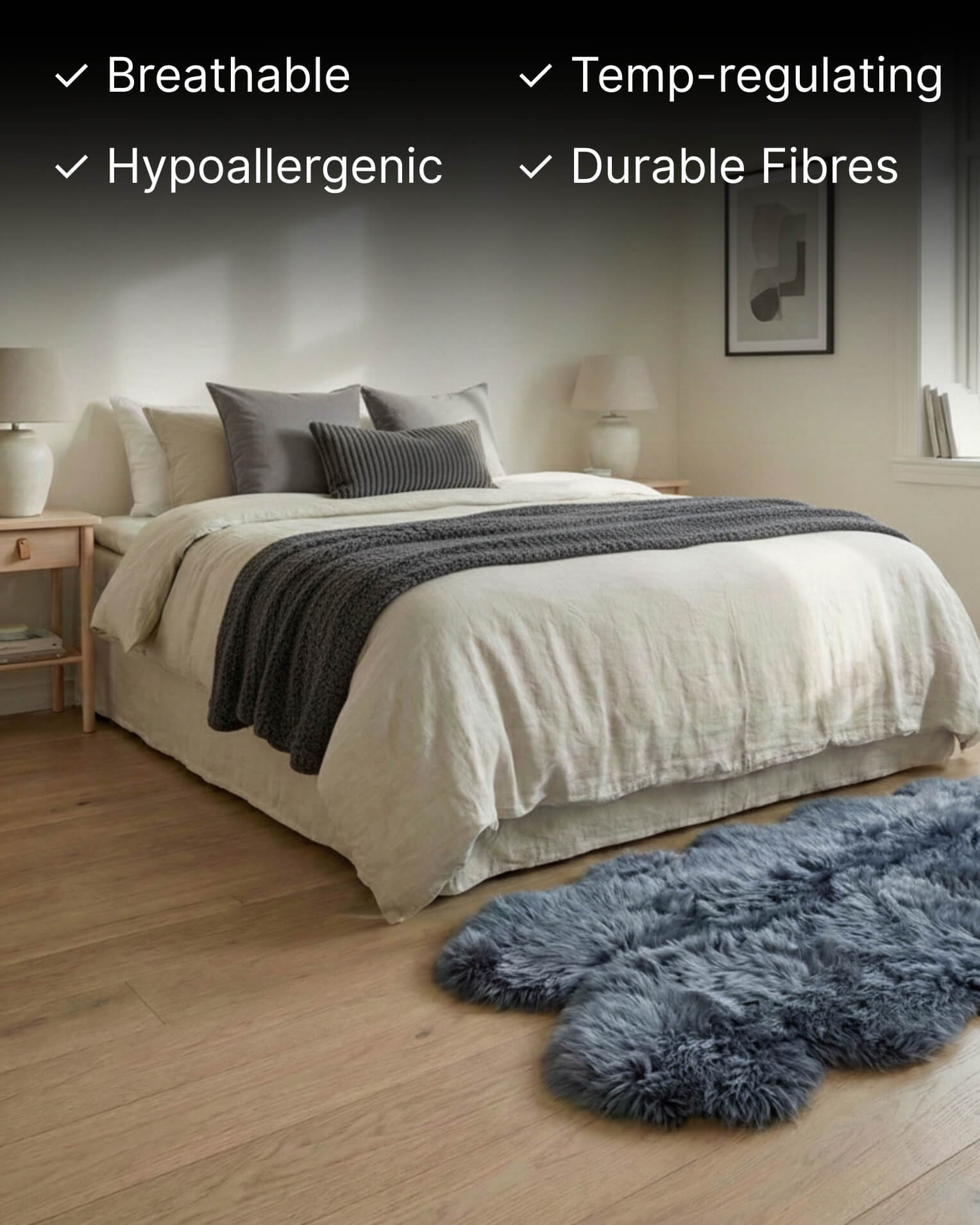 Steel Grey Quad Long Sheepskin Rug in bedroom