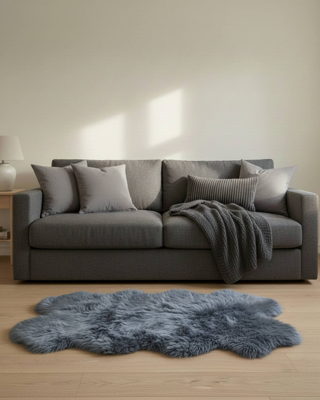 Steel Grey Quad Long Sheepskin Rug in living room