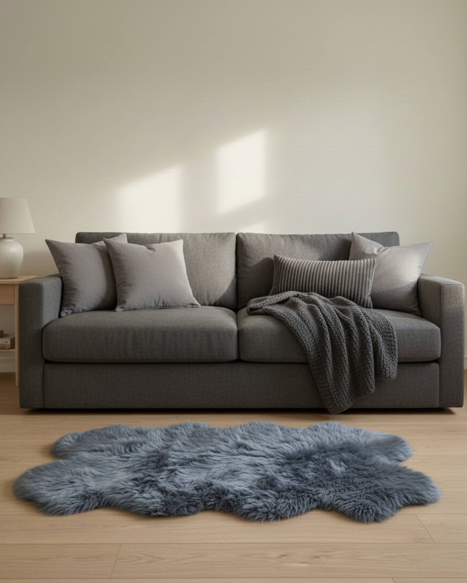 Steel Grey Quad Long Sheepskin Rug in living room
