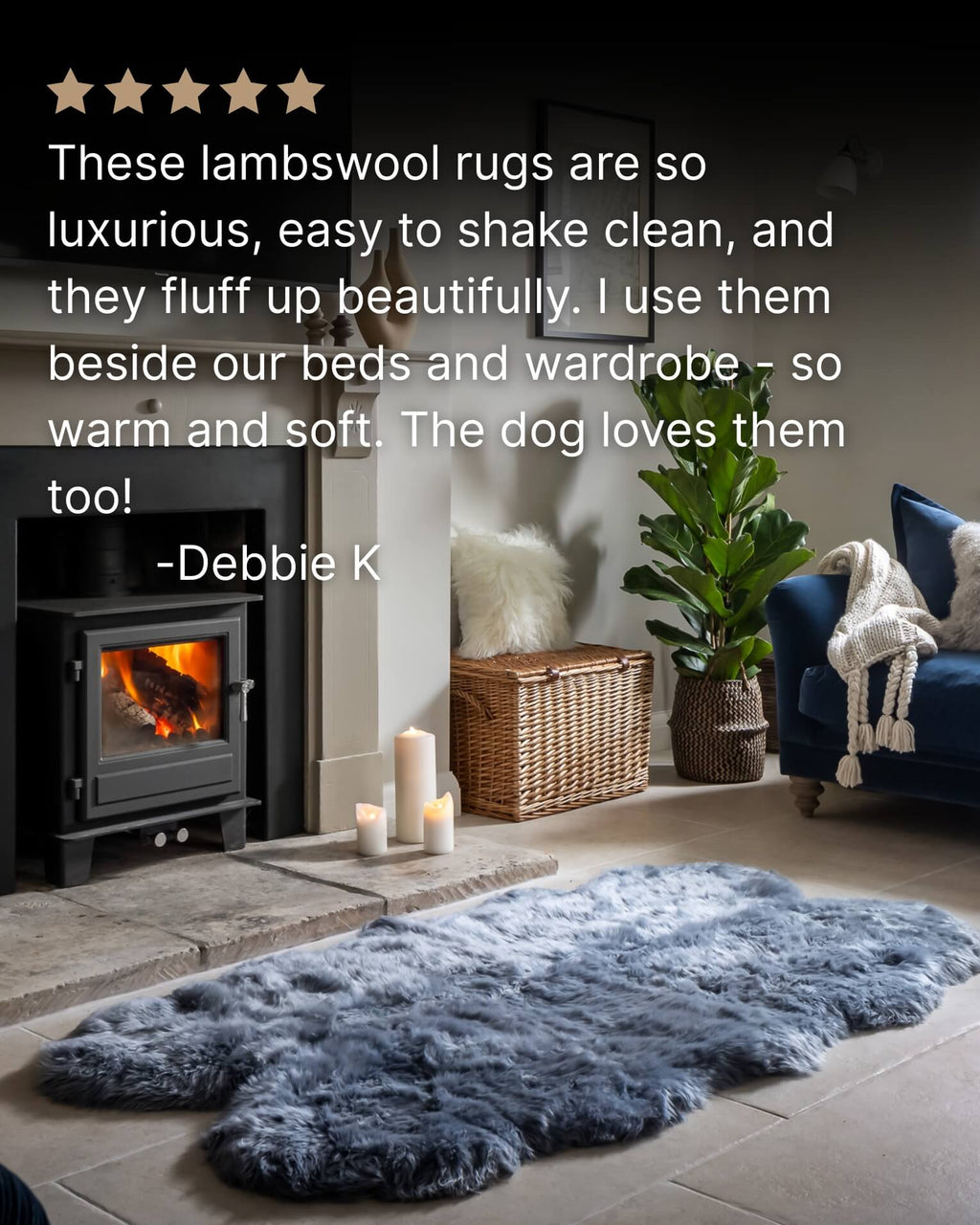 Steel Grey Quad Long Sheepskin Rug in front off fireplace