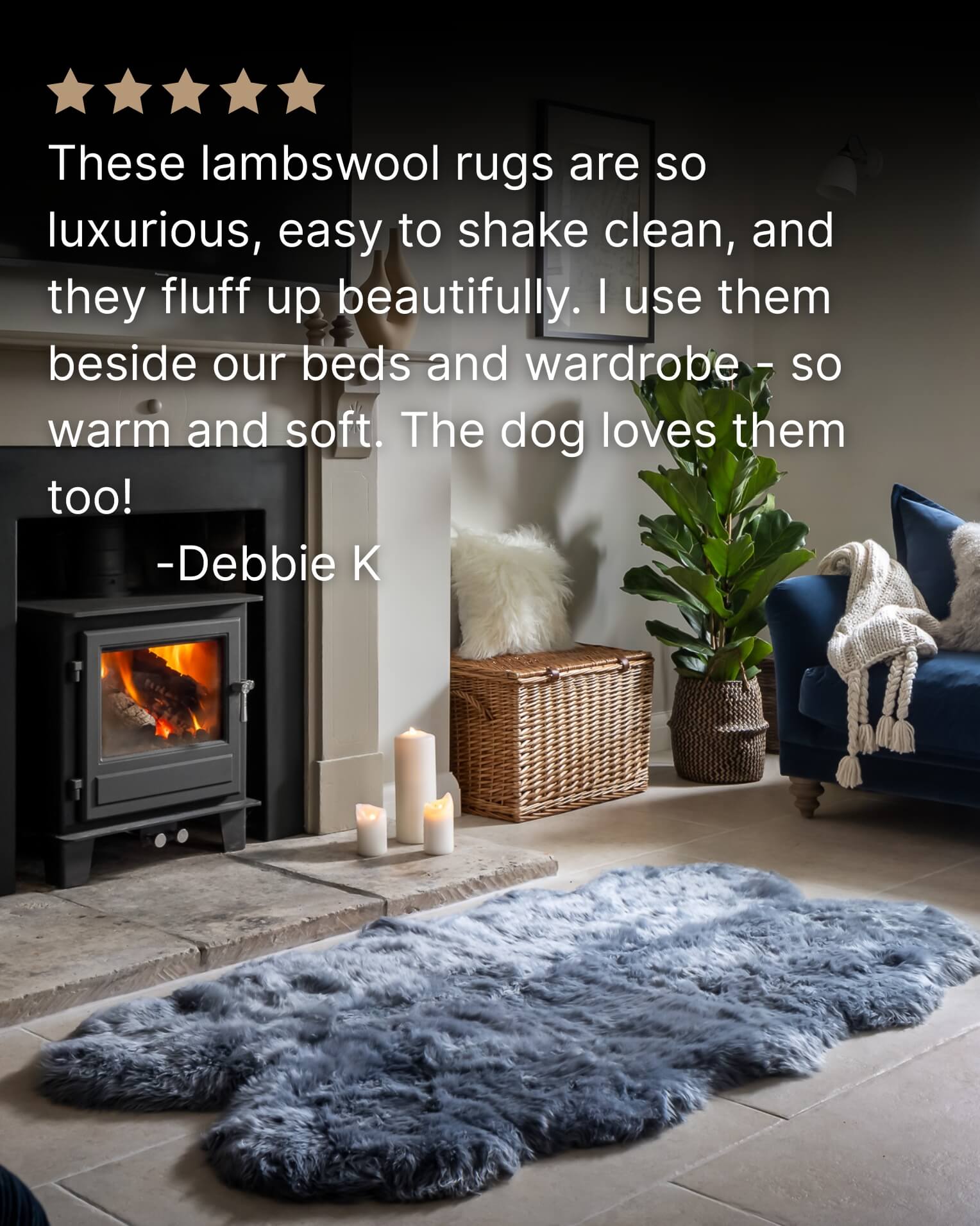Steel Grey Quad Long Sheepskin Rug in front off fireplace