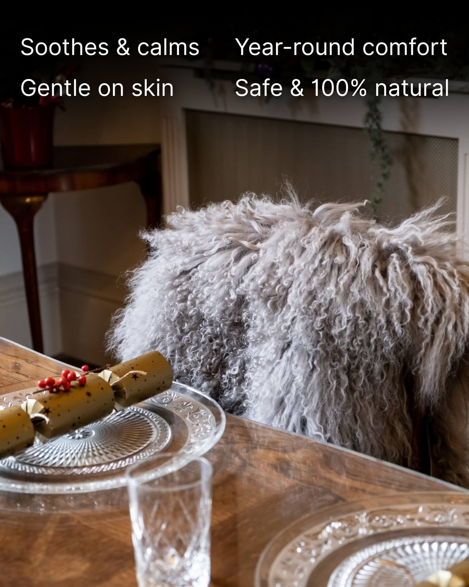 Grey Mongolian Sheepskin Rug back of brown chair