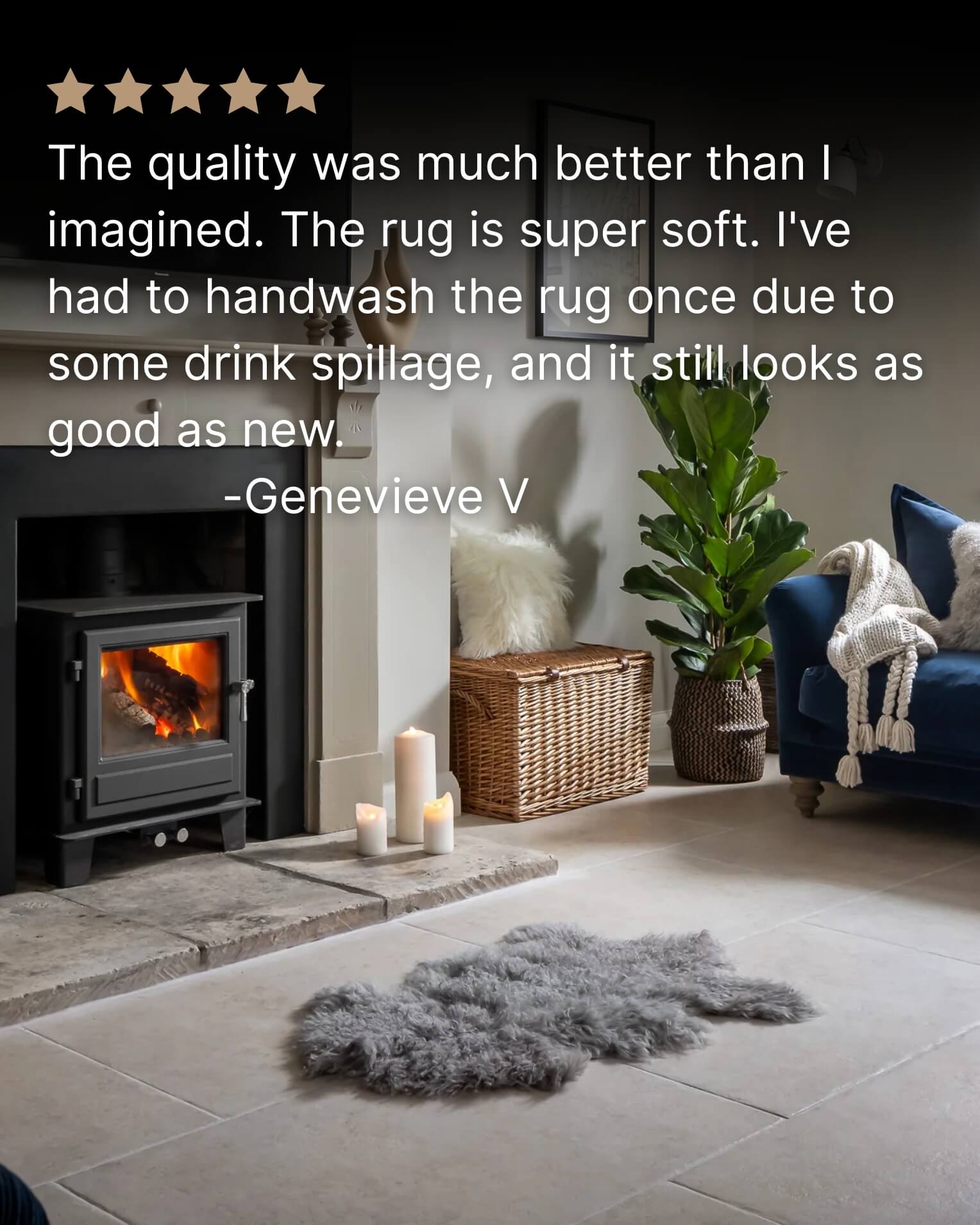 Grey Mongolian Sheepskin Rug in front of fireplace