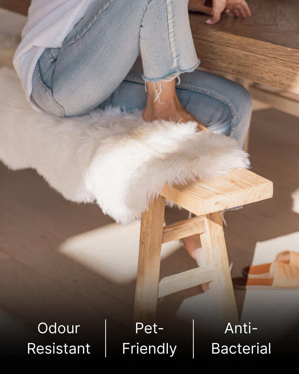 White Double Long Wool Sheepskin Rug on bench