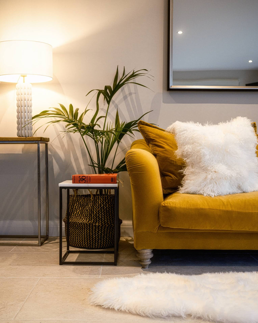White Double Long Wool Sheepskin Rug in living room