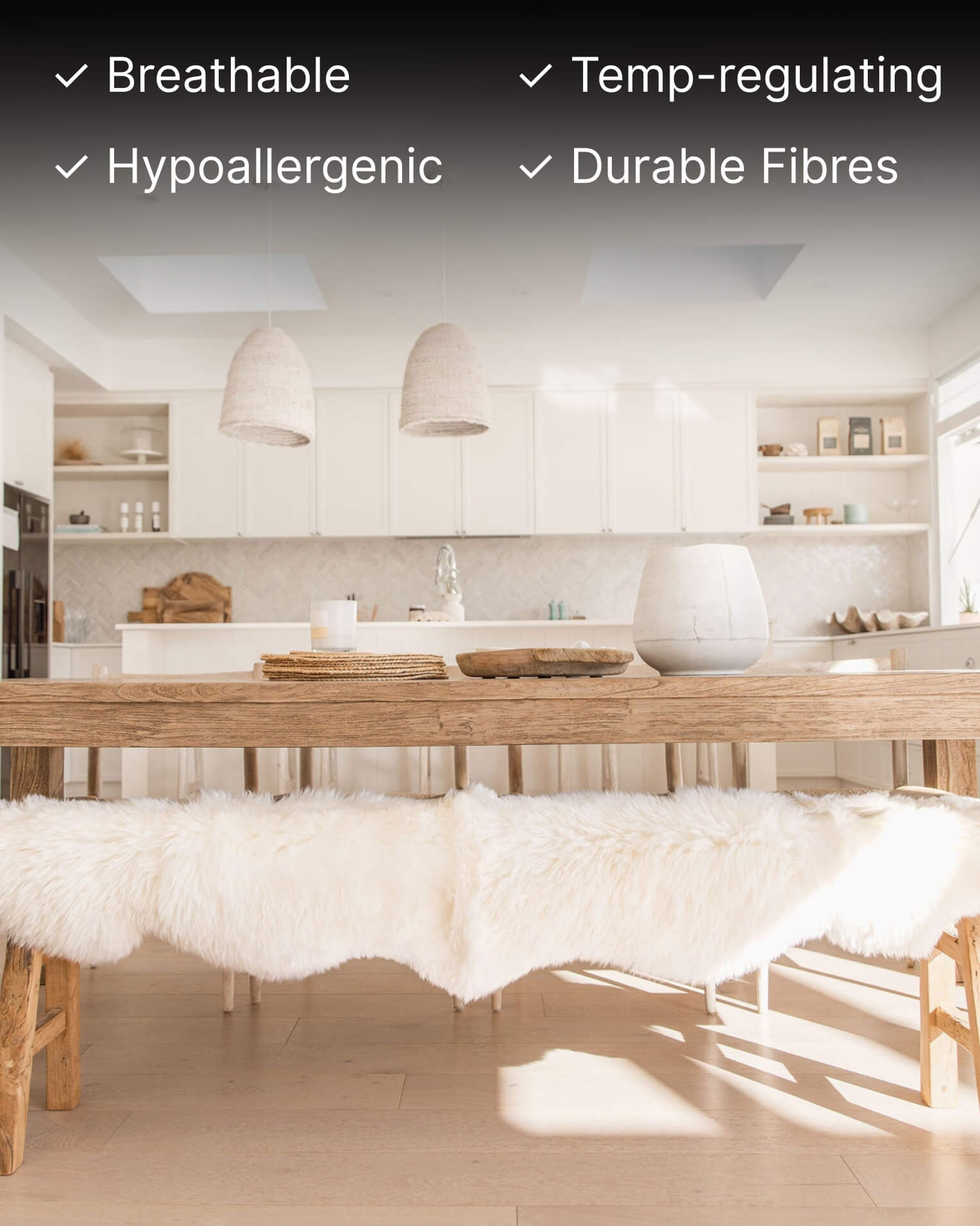 White Double Long Wool Sheepskin Rug on bench