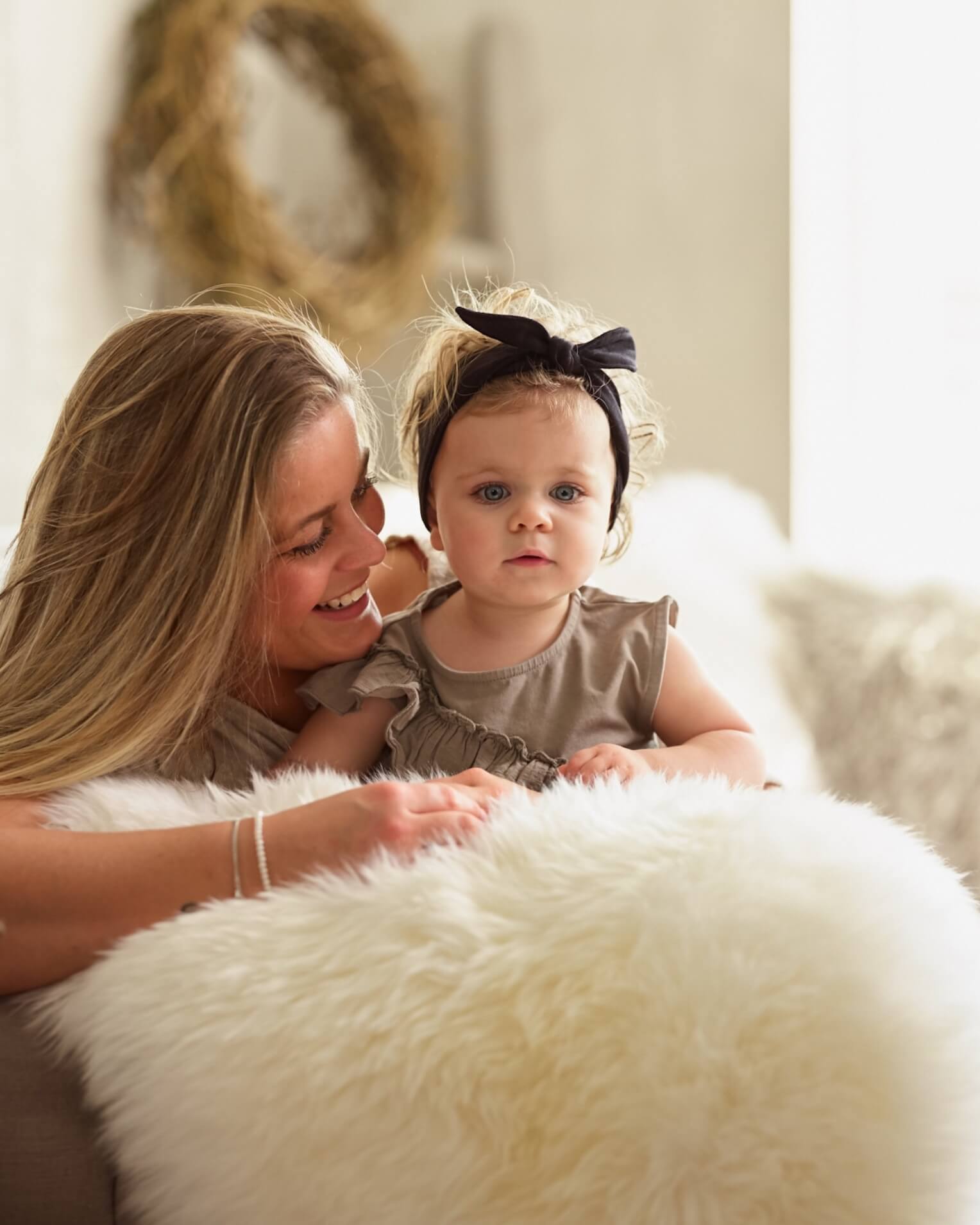 White Double Long Wool Sheepskin Rug with mum and baby