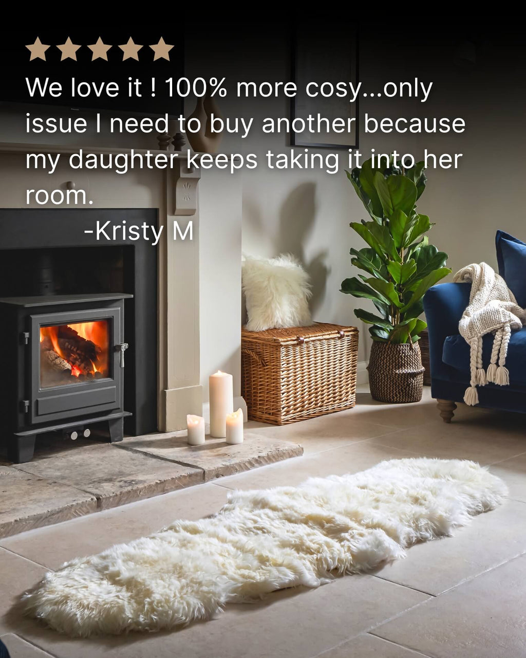 White Double Long Wool Sheepskin Rug in front of fireplace